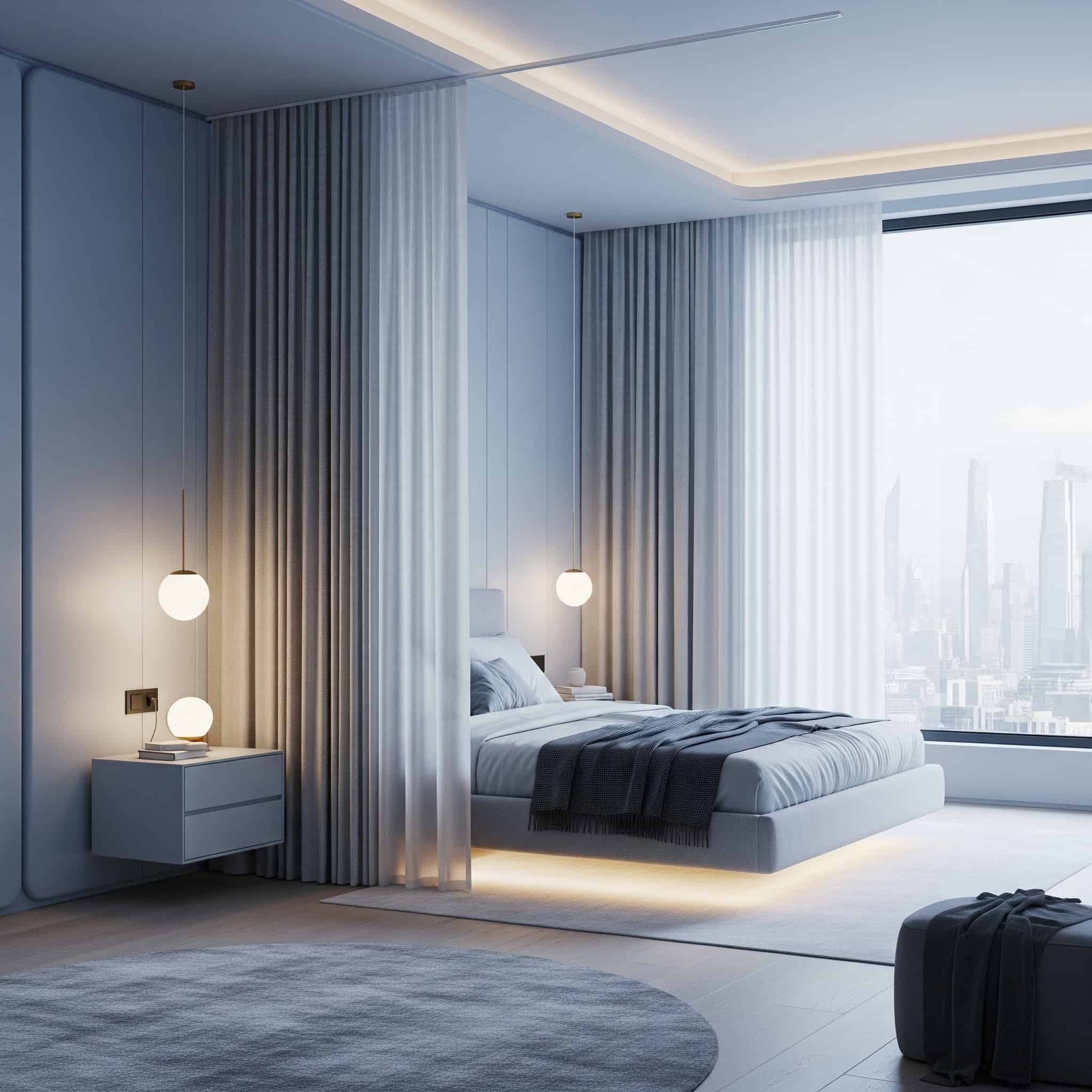 A modern 2025 bedroom with space-specific curtains