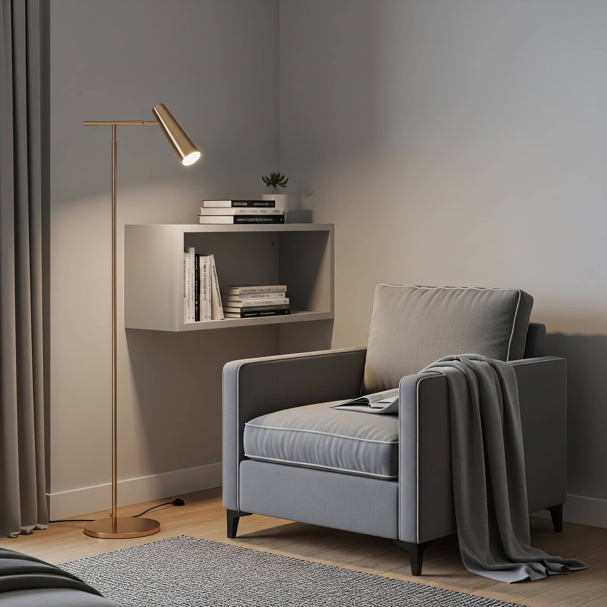 Minimalist corner reading station in a bedroom