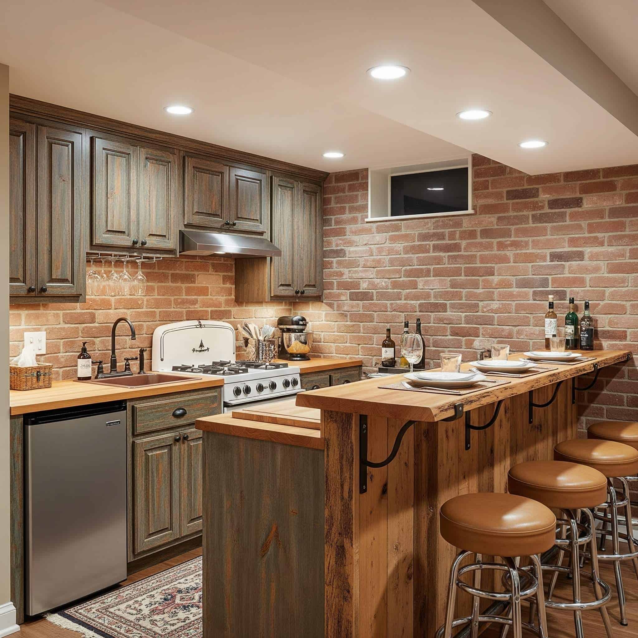 Basement kitchenette with a bar and stools.