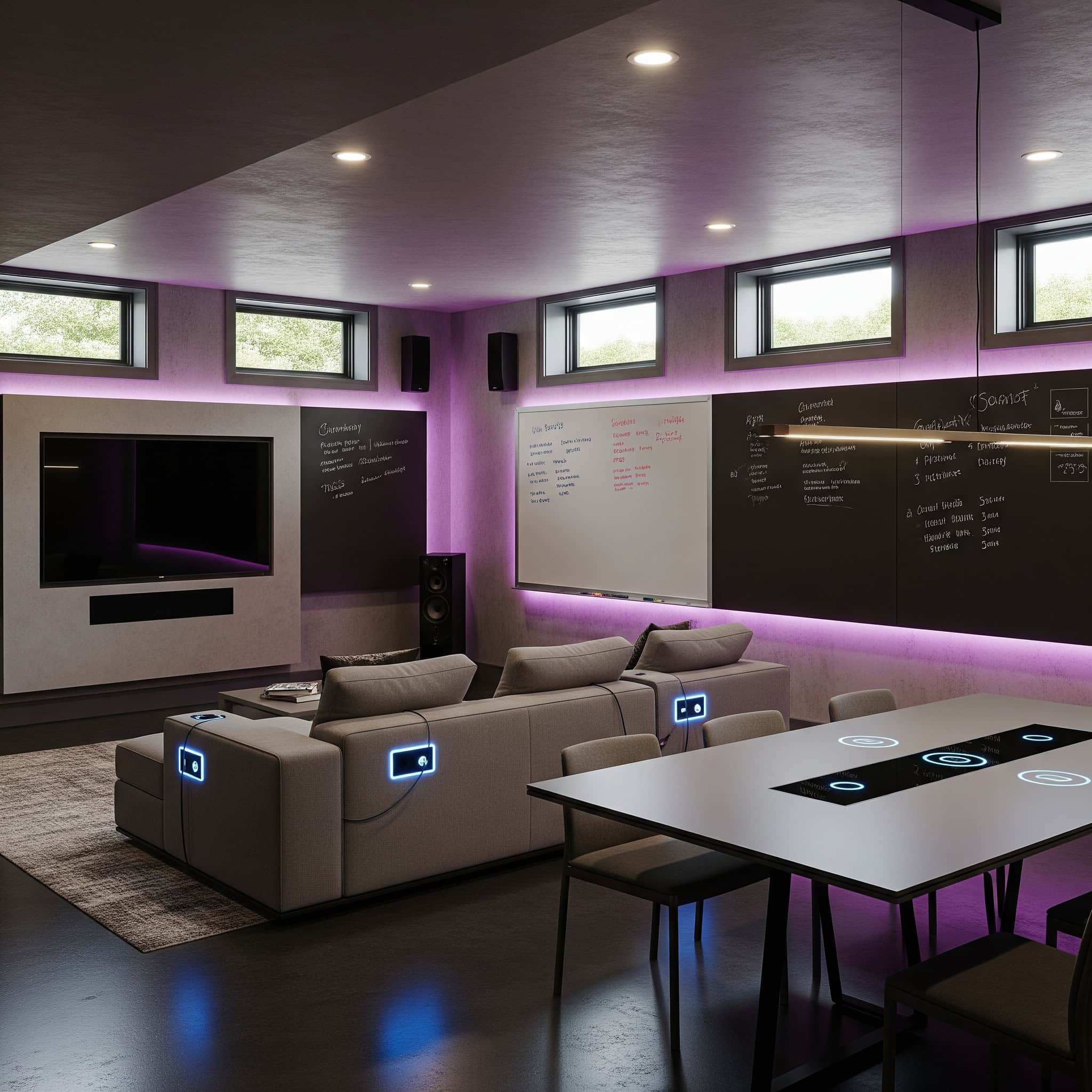 A modern 2025 basement with magnetic and dry erase wall surfaces