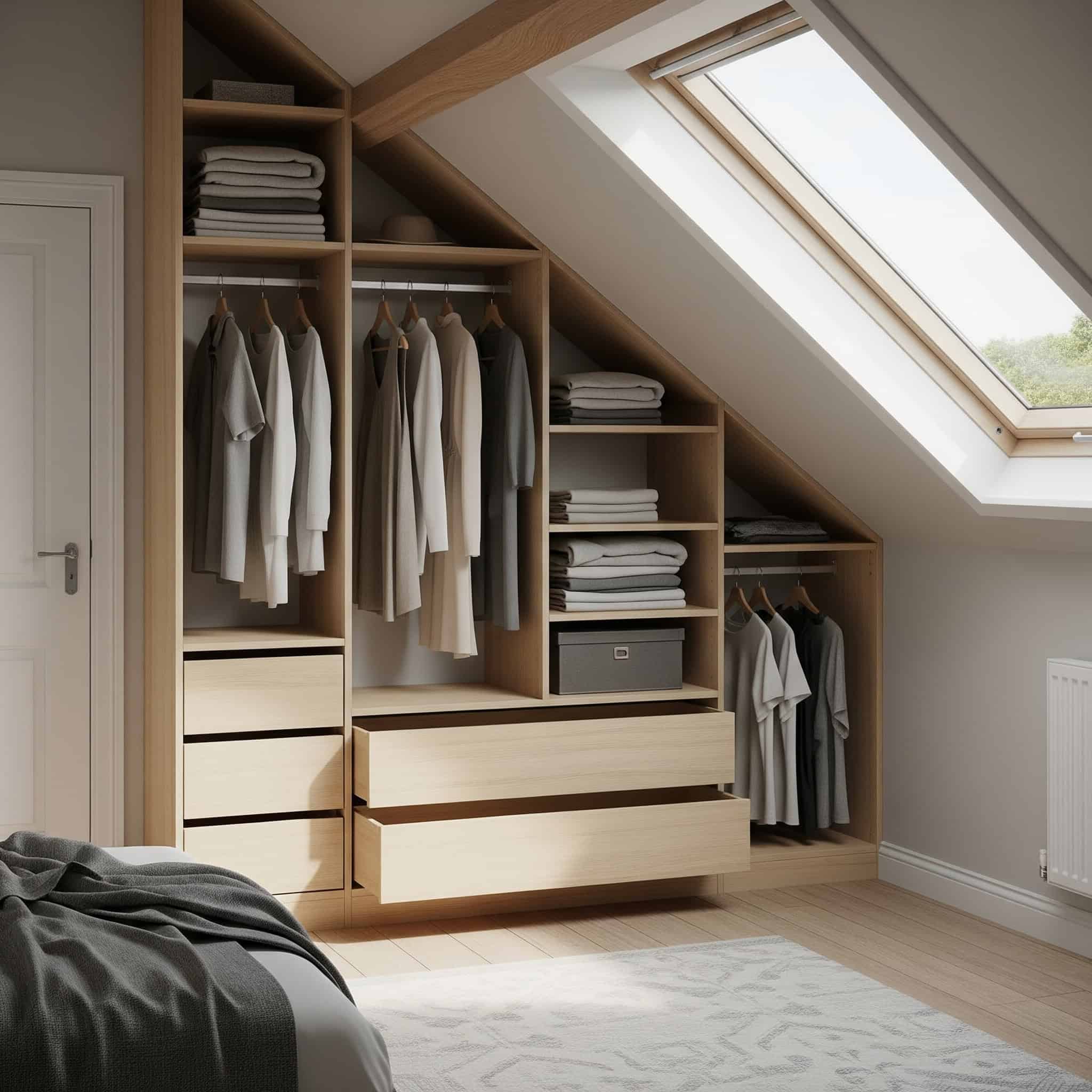 Under-eaves storage layout in an attic bedroom