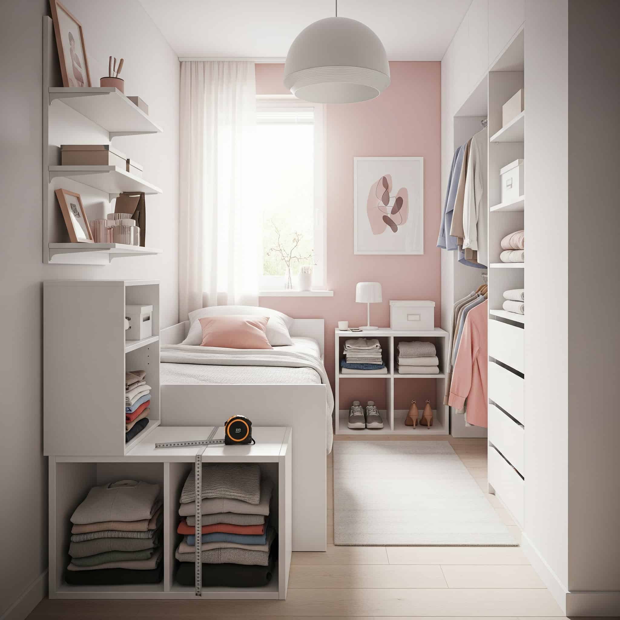 A well-organized small bedroom with a tape measure, storage solutions, and a decluttered space.