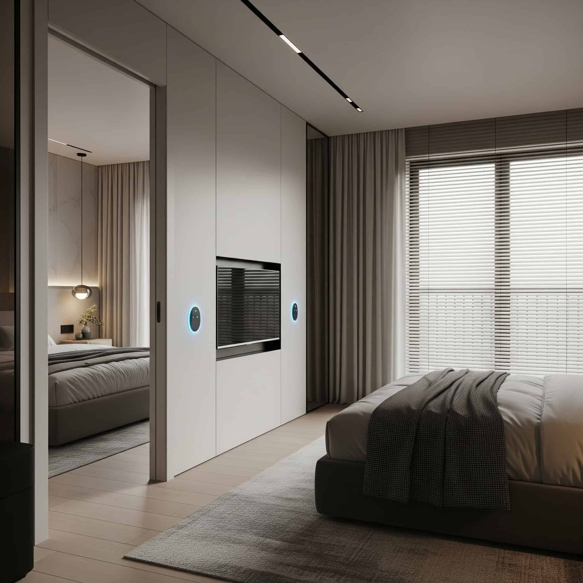 Urban bedroom with smart home features and a clutter-free design.
