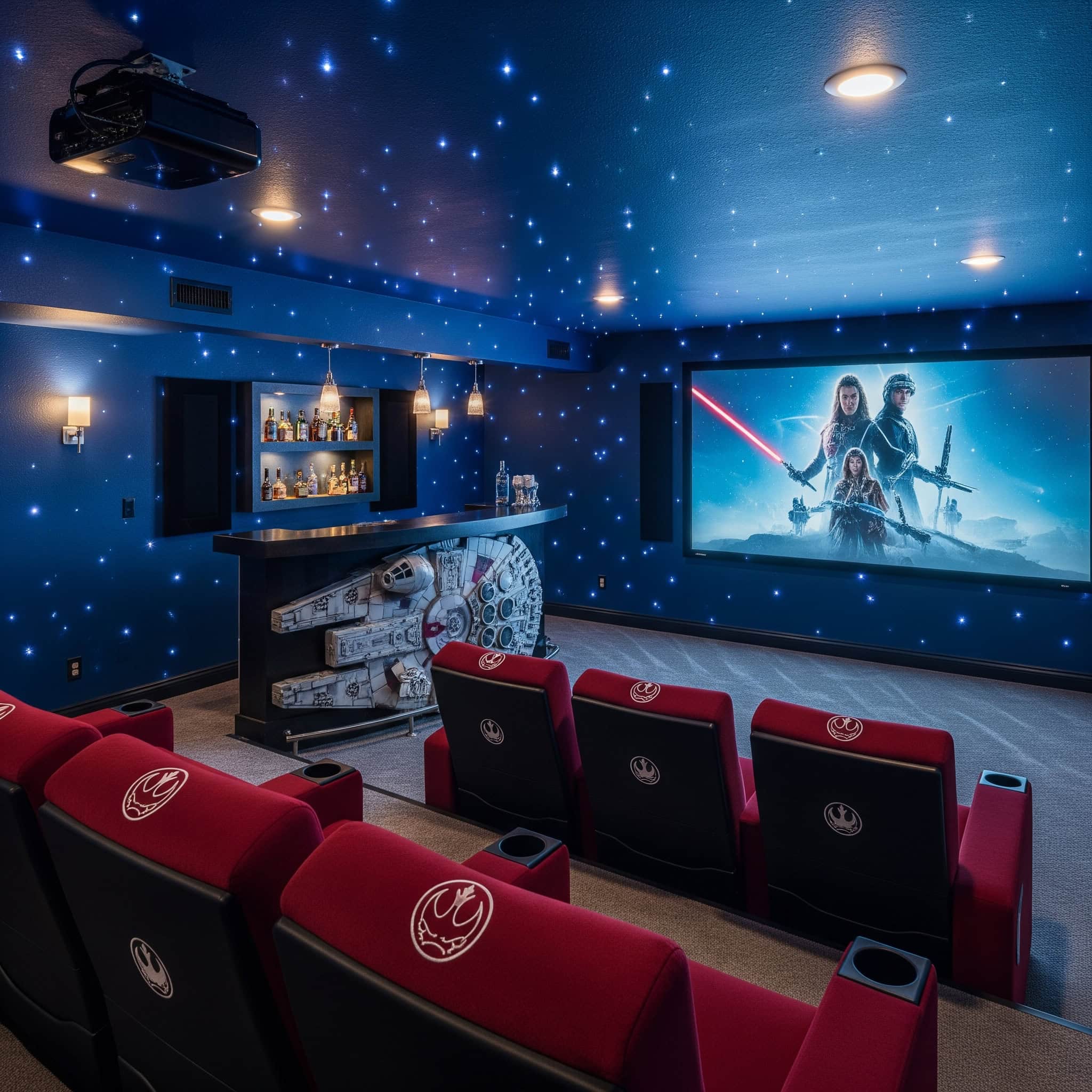 Basement home theater with a custom 'Star Wars' theme