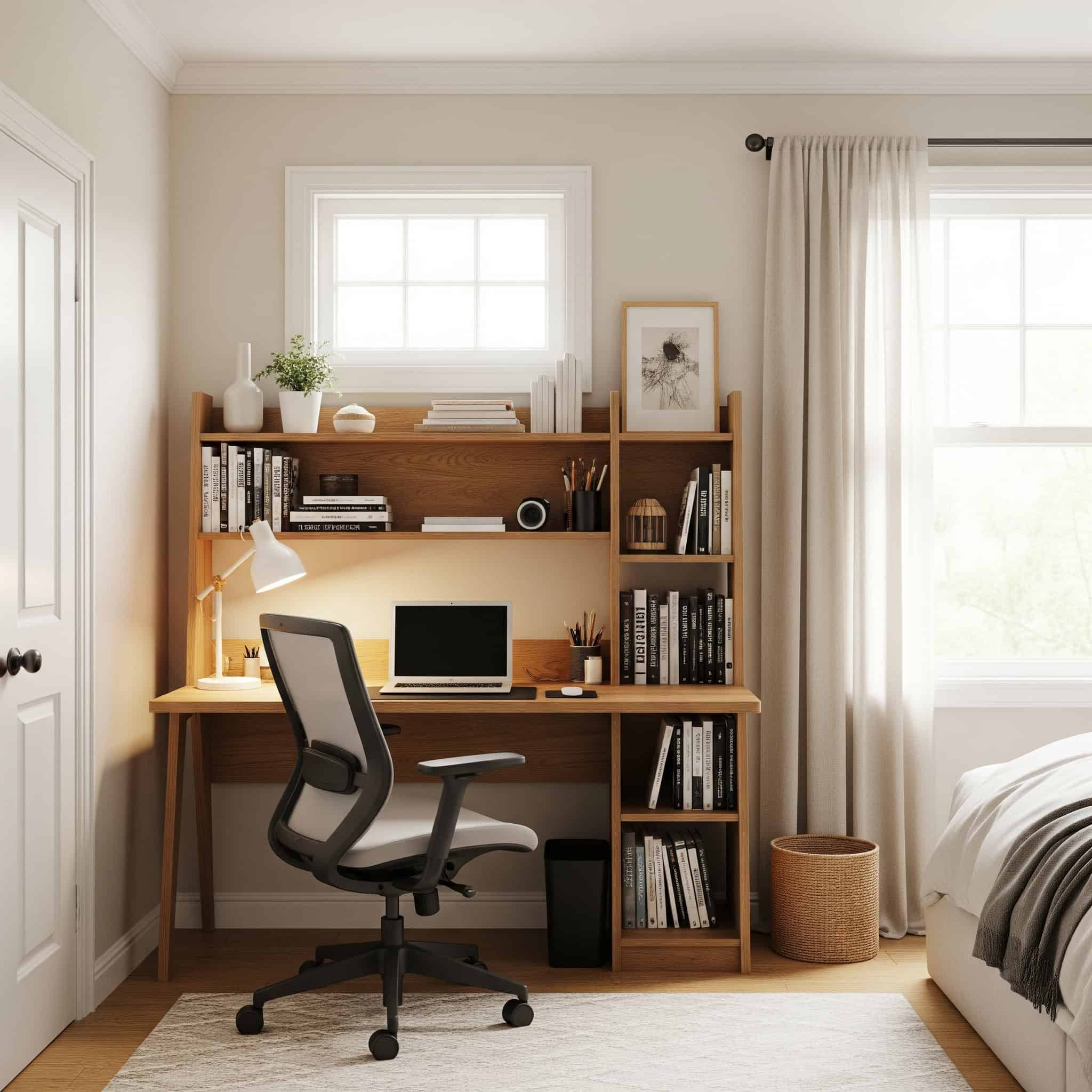 A cozy bedroom with a modern desk-bookshelf combo, featuring warm light wood and ample space for work and storage.