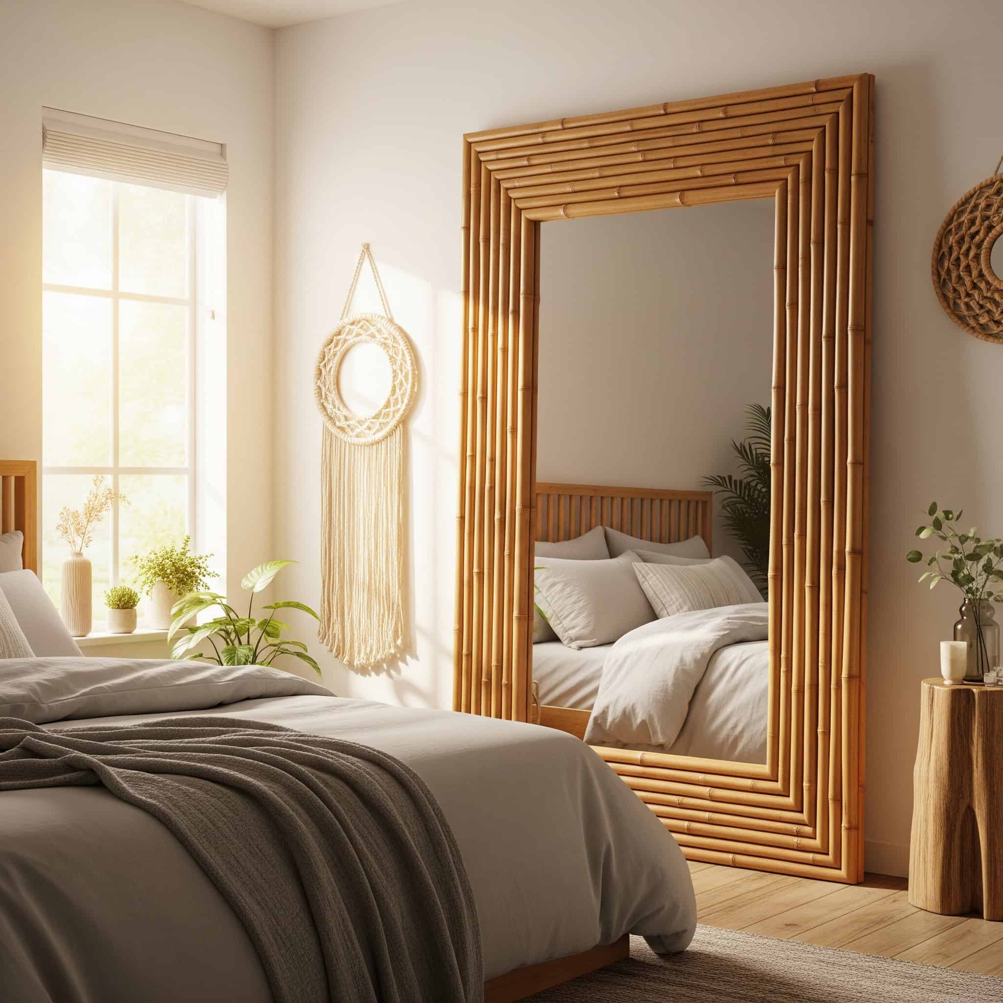 Bedroom with a bamboo framed mirror.
