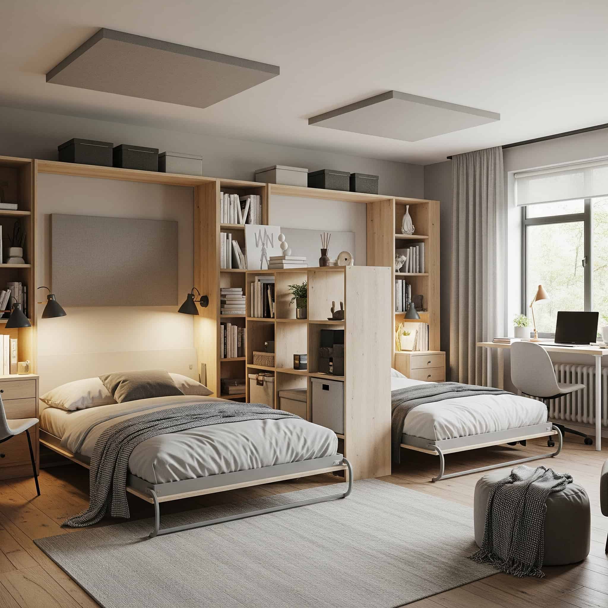 Shared bedroom design with adaptable furniture and sound management.