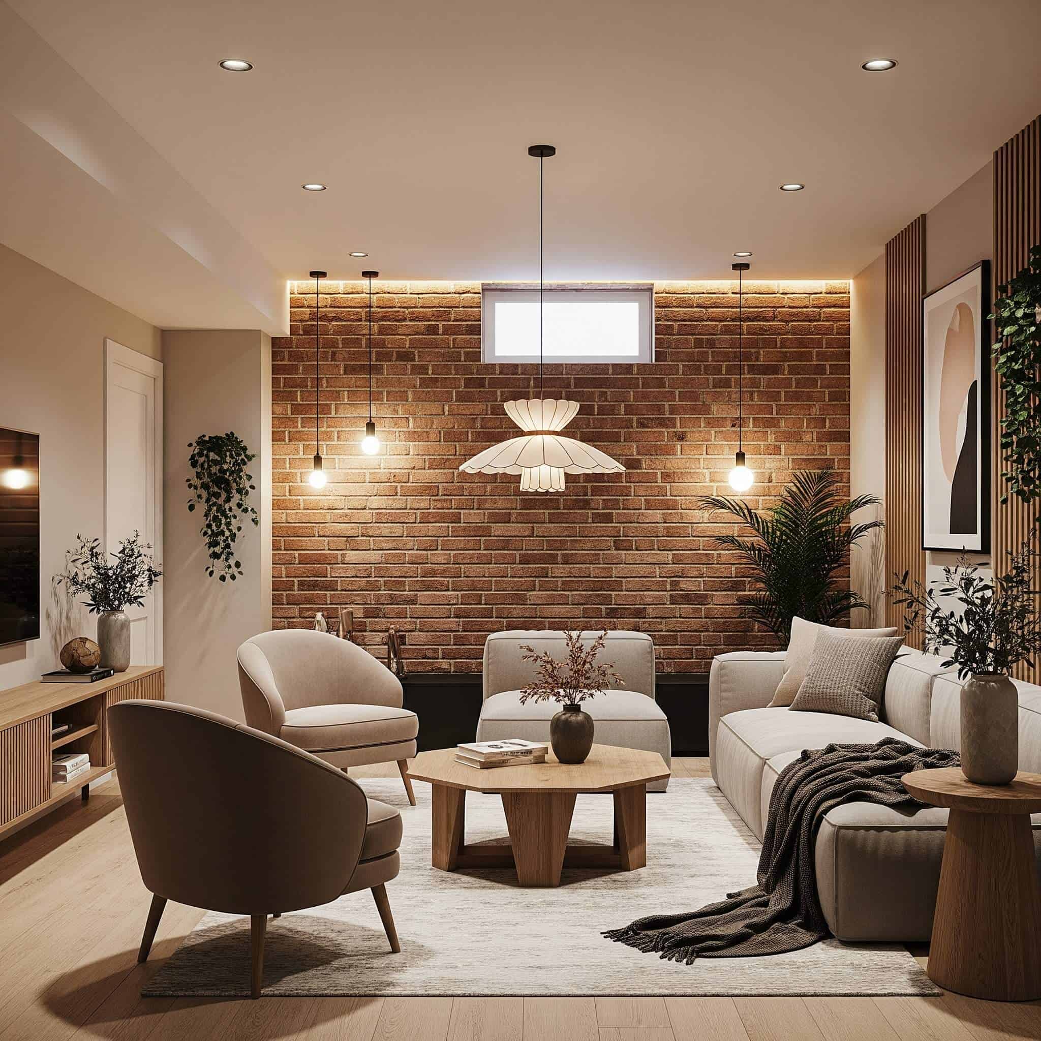 A modern 2025 basement with an exposed brick accent wal