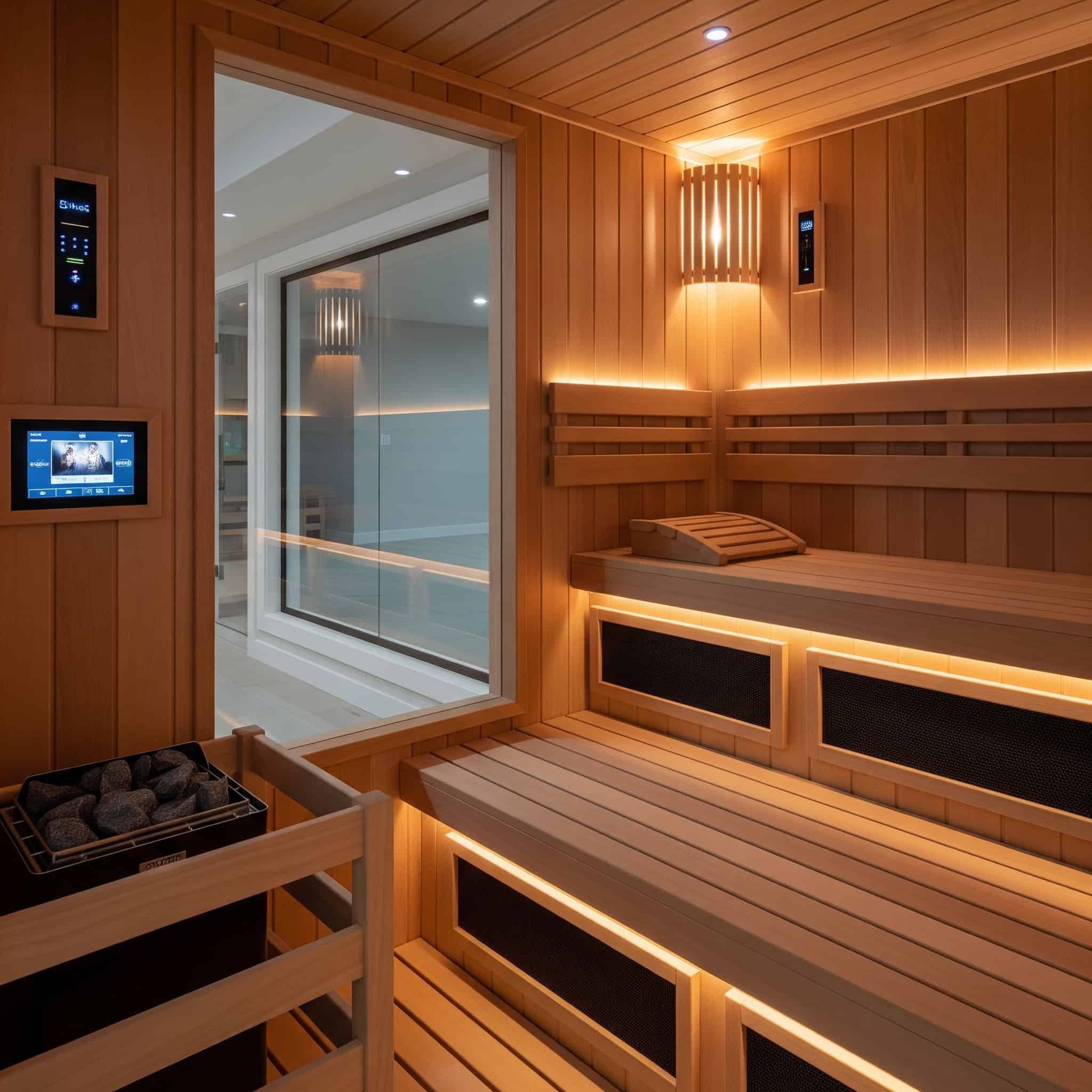 Modern sauna with strategic lighting and tech.