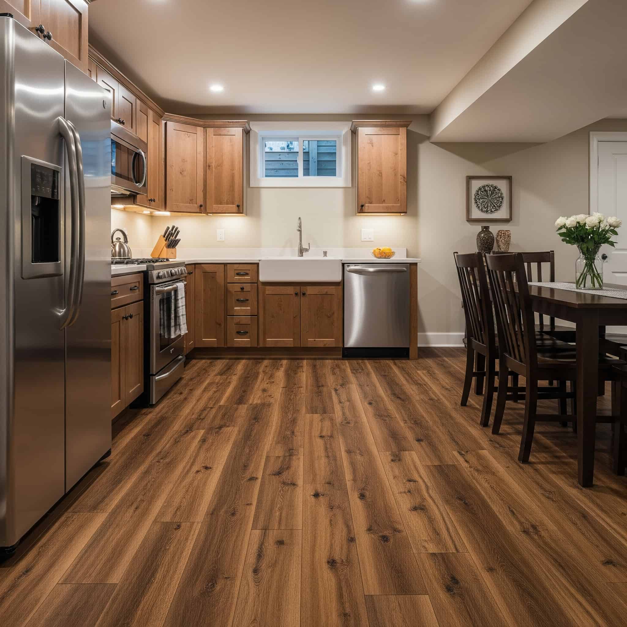 Continuous flooring strategy in a basement kitchenette