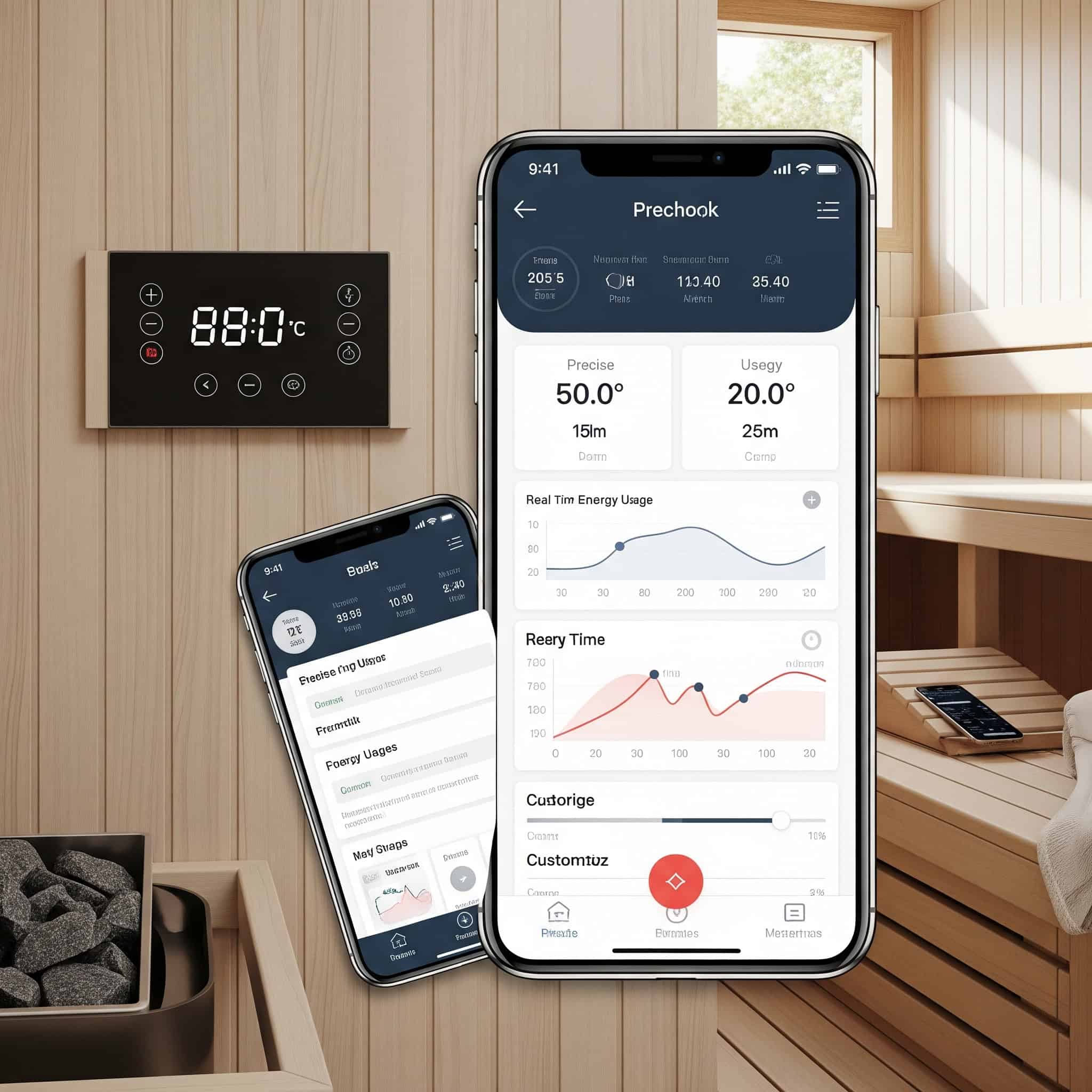 A modern basement sauna with a digital control panel, integrated with a smartphone app interface showing temperature settings and energy usage.