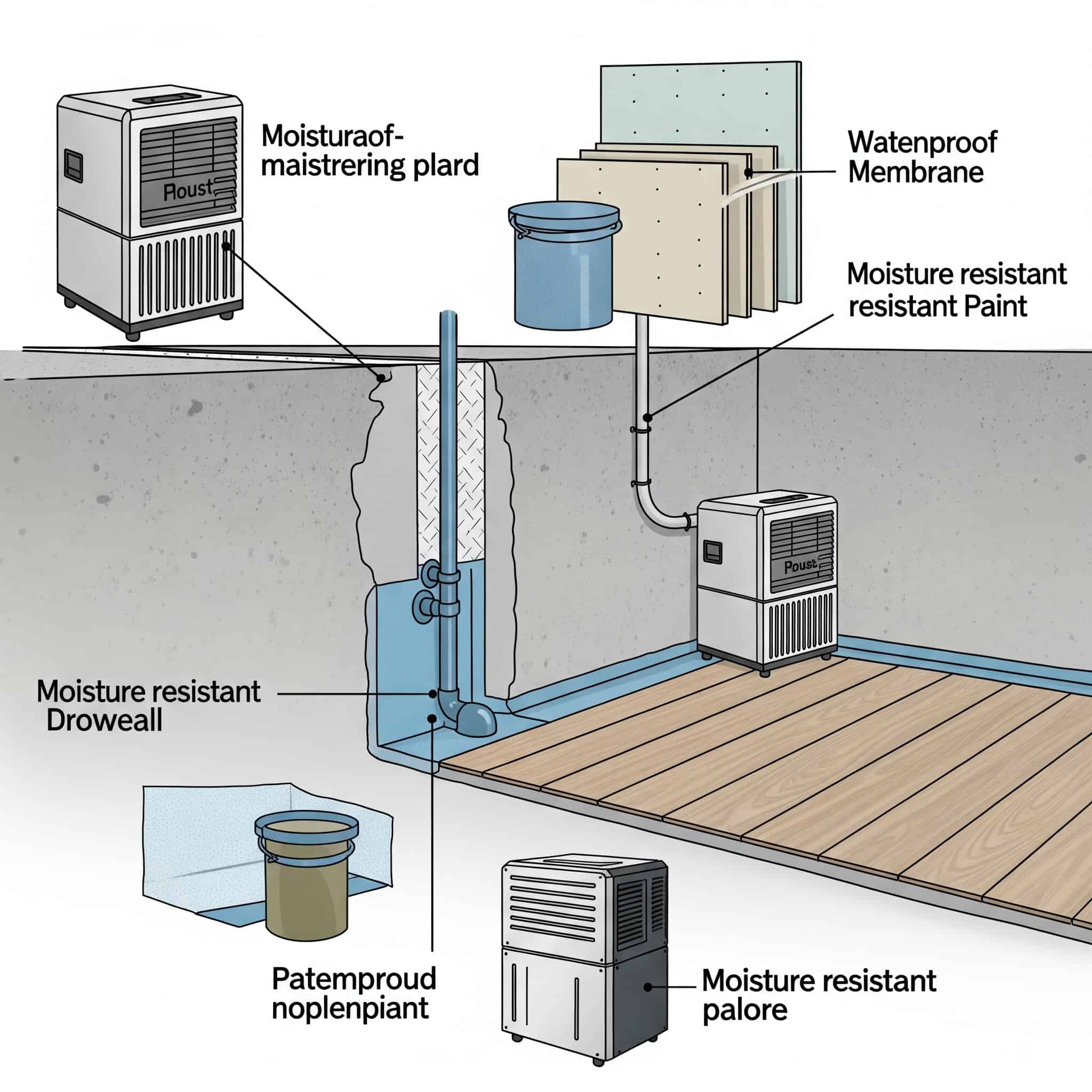 A detailed illustration showcasing a basement waterproofing project with emphasis on moisture-resistant materials and dehumidifiers.