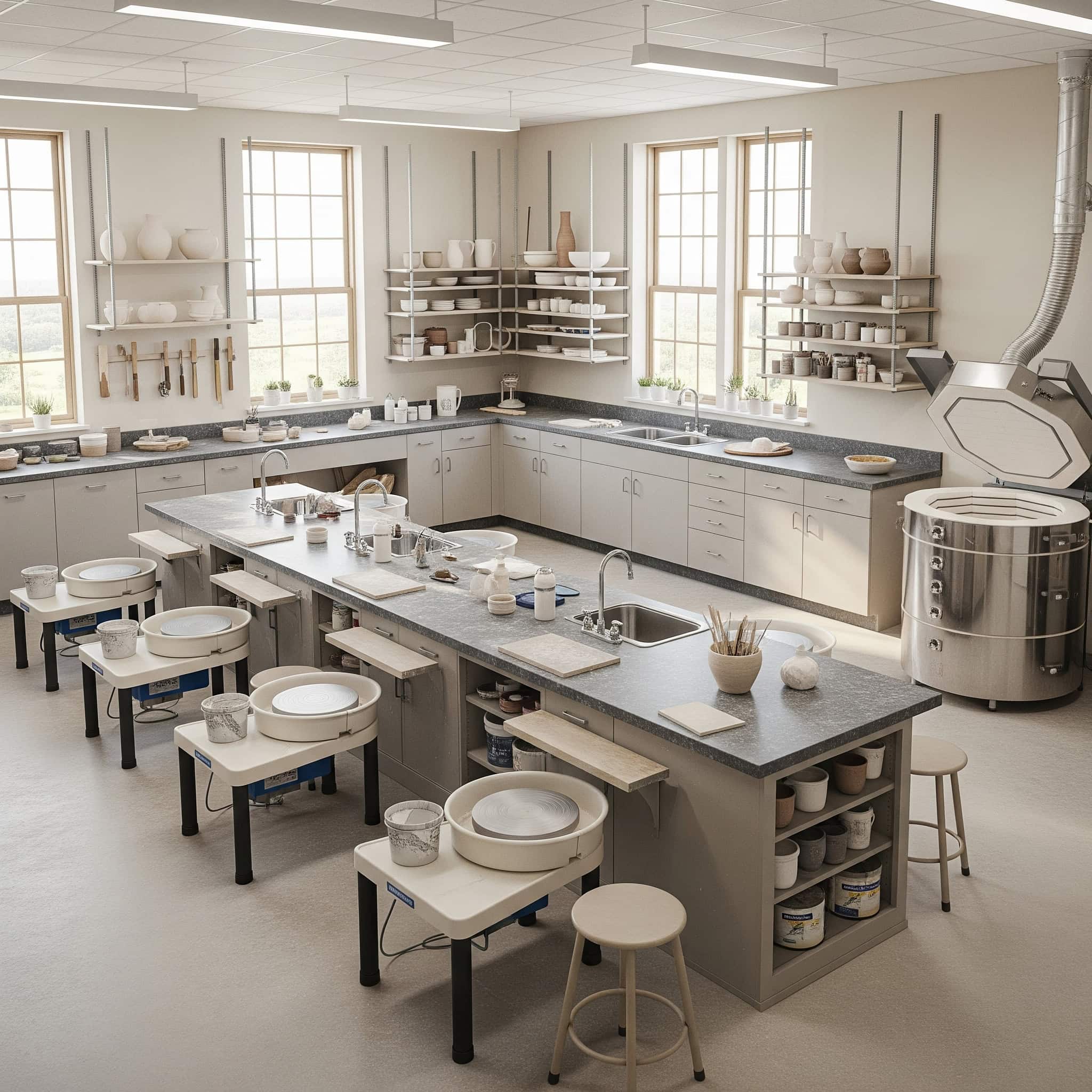 Create a clay-working space with proper ventilation, pottery wheel stations, glazing areas, and kiln placement.