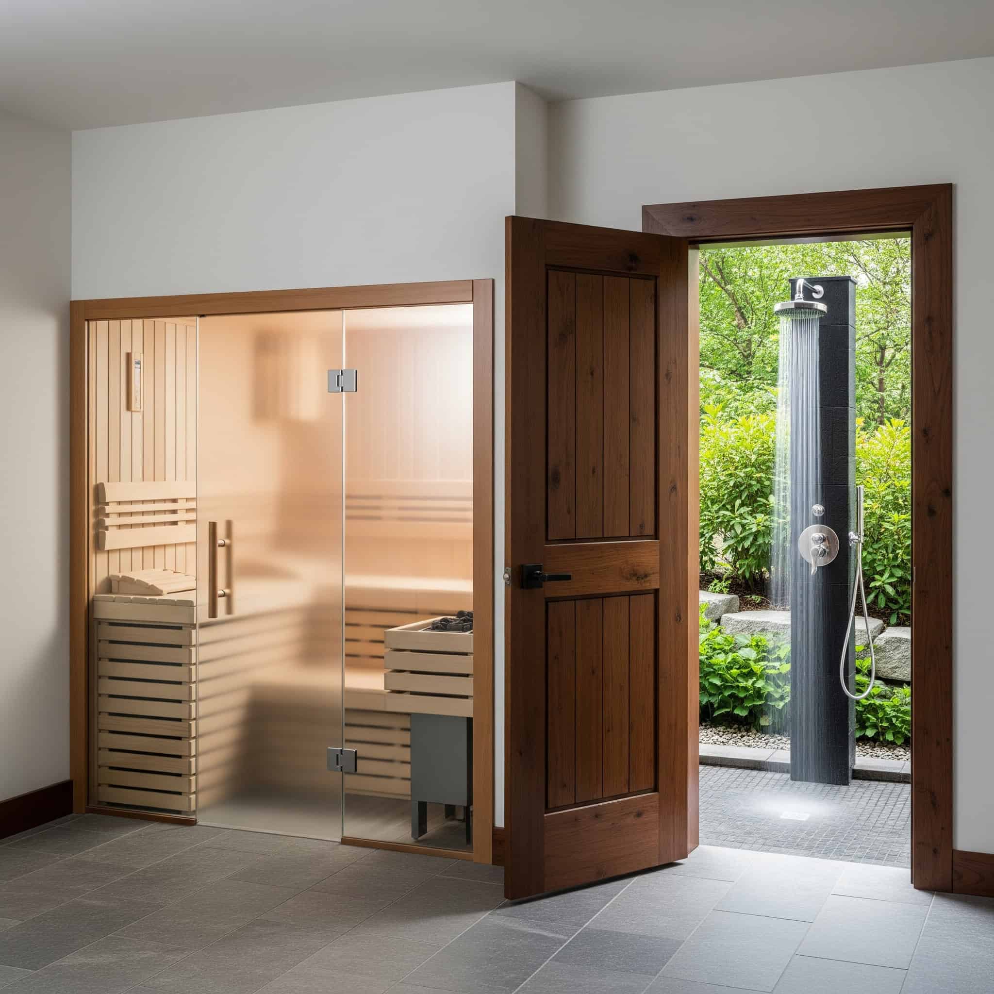 Sauna with walkout to outdoor cold shower.