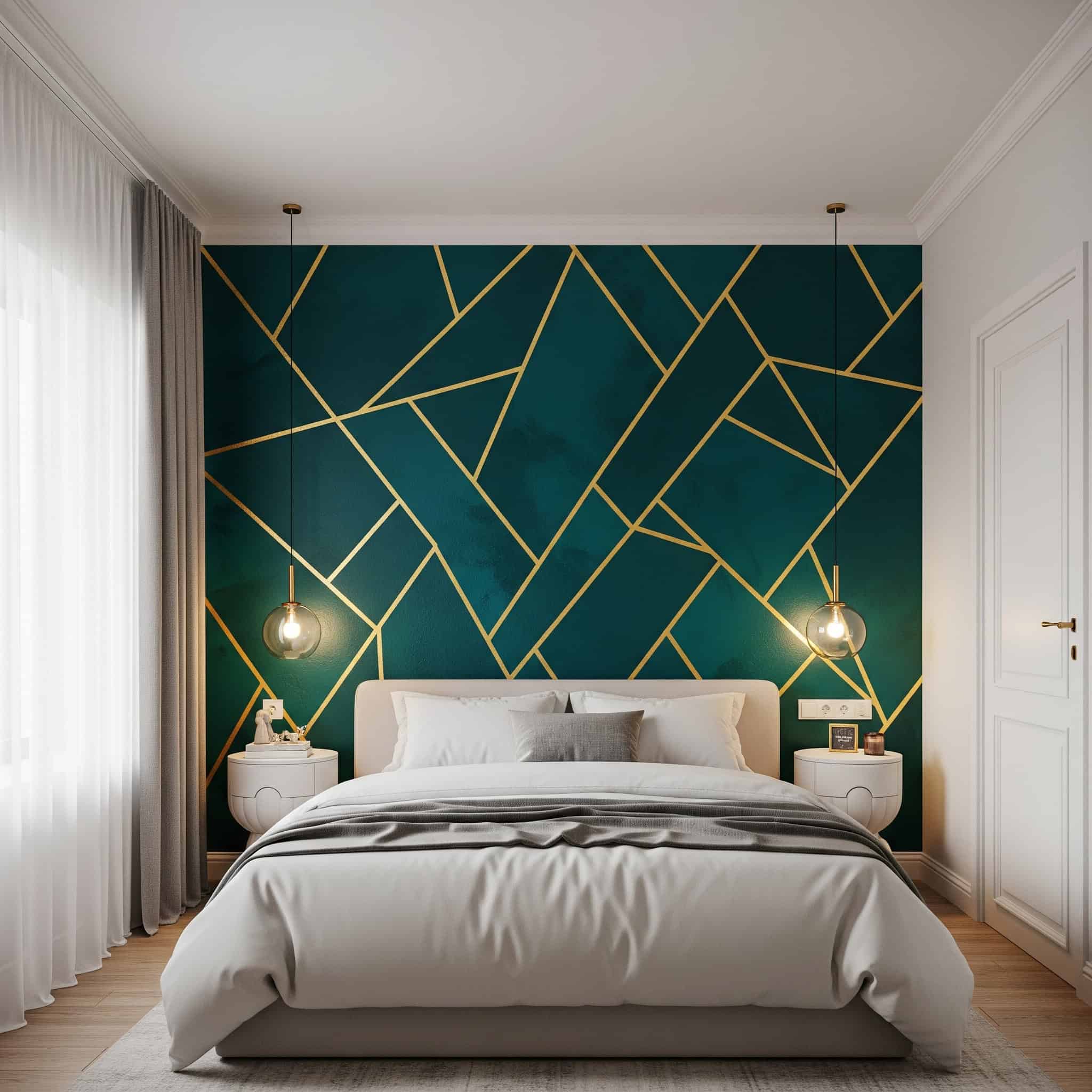 Bedroom with a vibrant geometric accent wall.