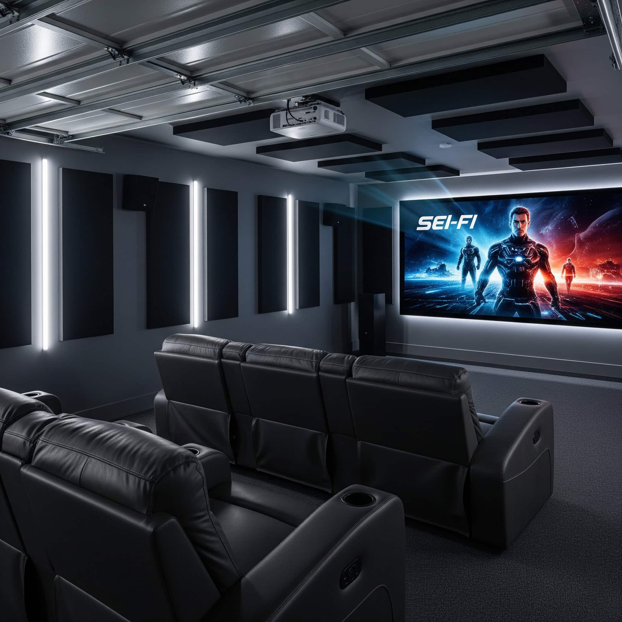 Short-throw projector setup in a garage home theater.