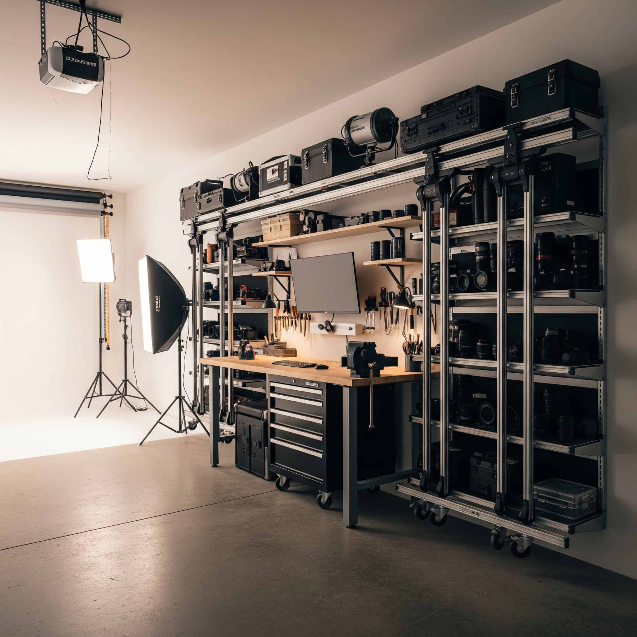 Garage studio with sliding equipment racks