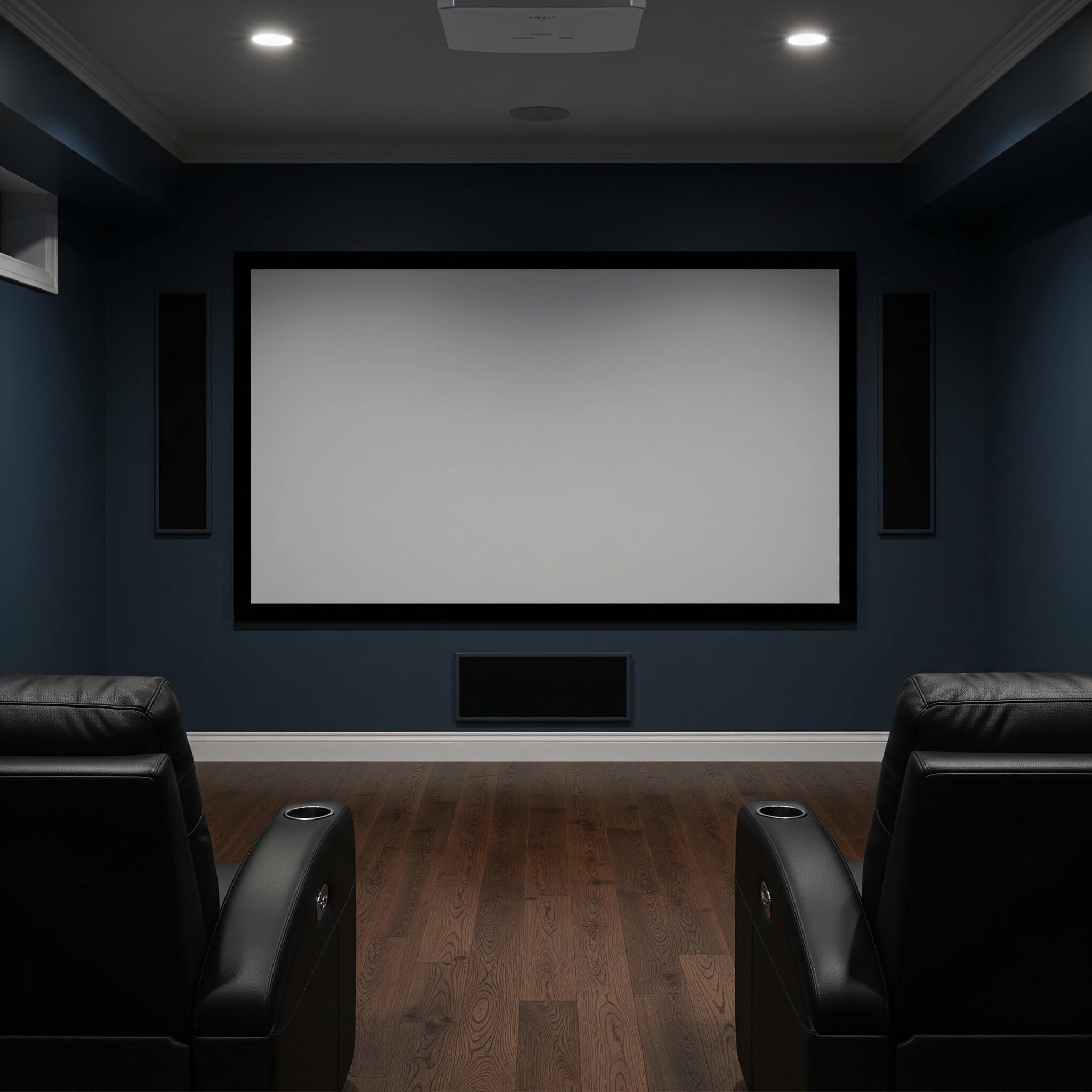 Wall-mounted projector screen in a basement home theater.