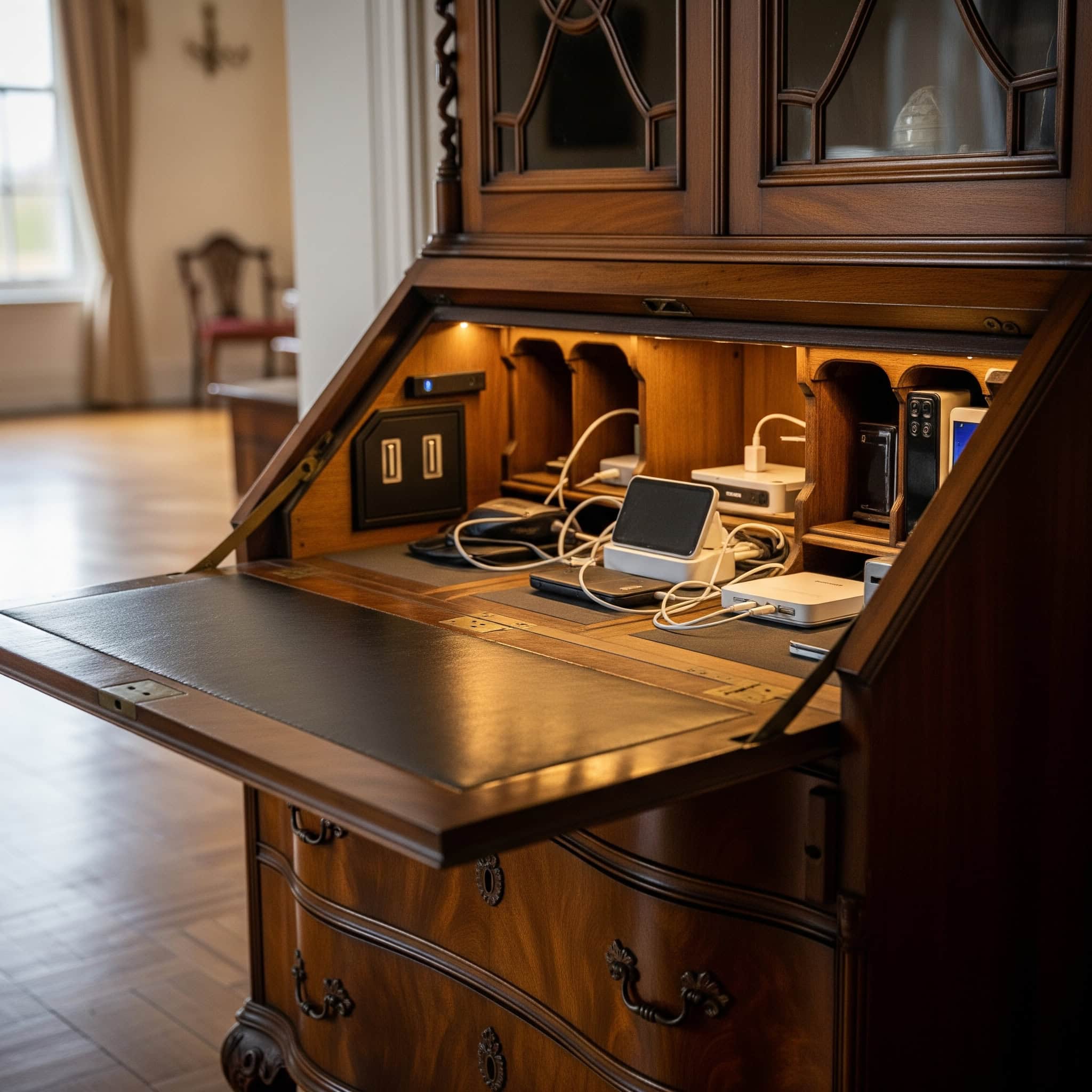 A retrofitted Victorian secretary desk that hides modern charging stations and electronics