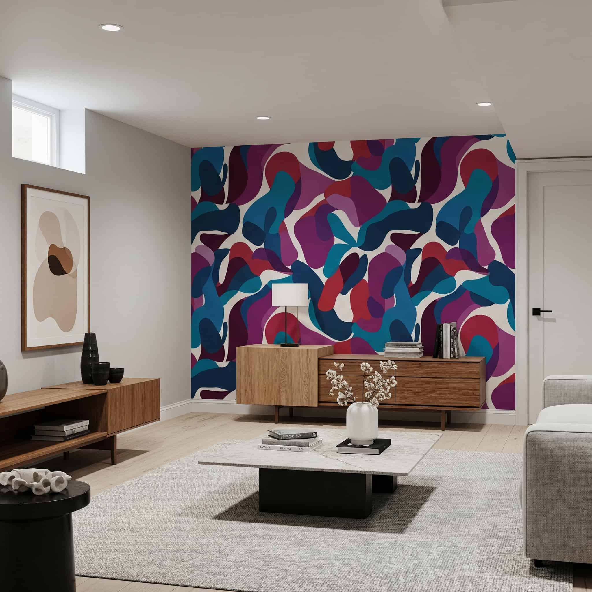 A modern 2025 basement with peel-and-stick wallpaper.