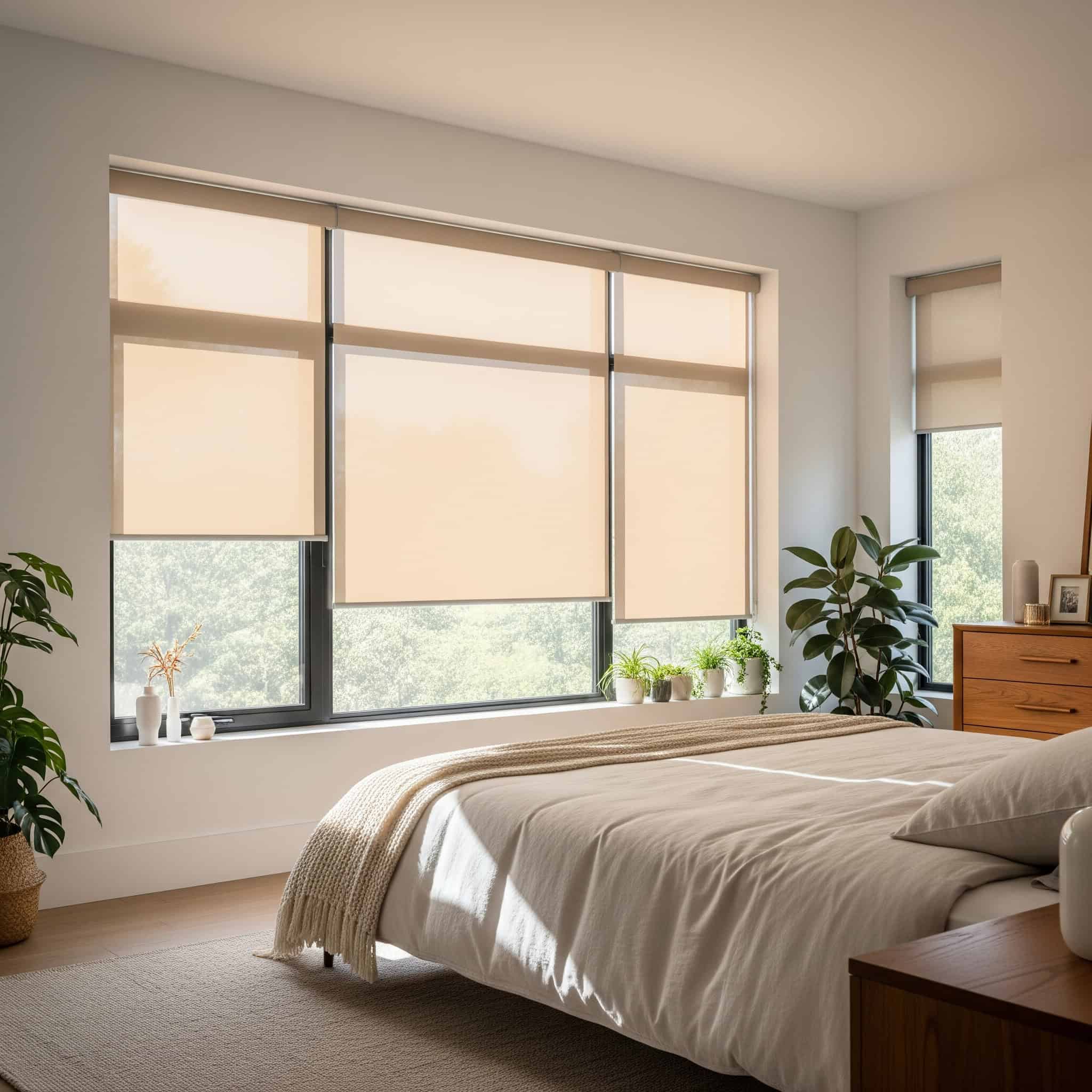 Modern bedroom with solar shades