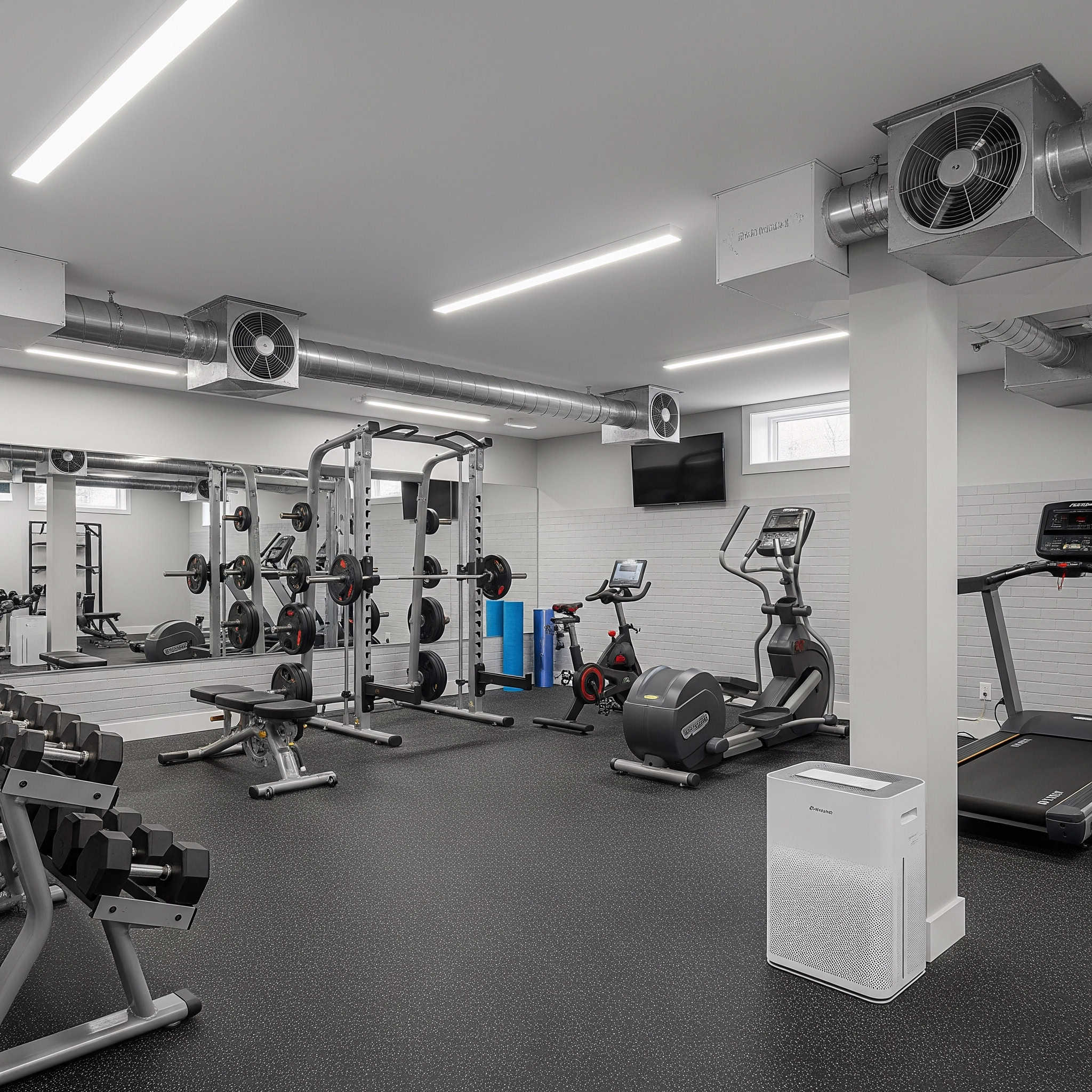 Vibrant, well-lit basement gym with ventilation and air purifier.