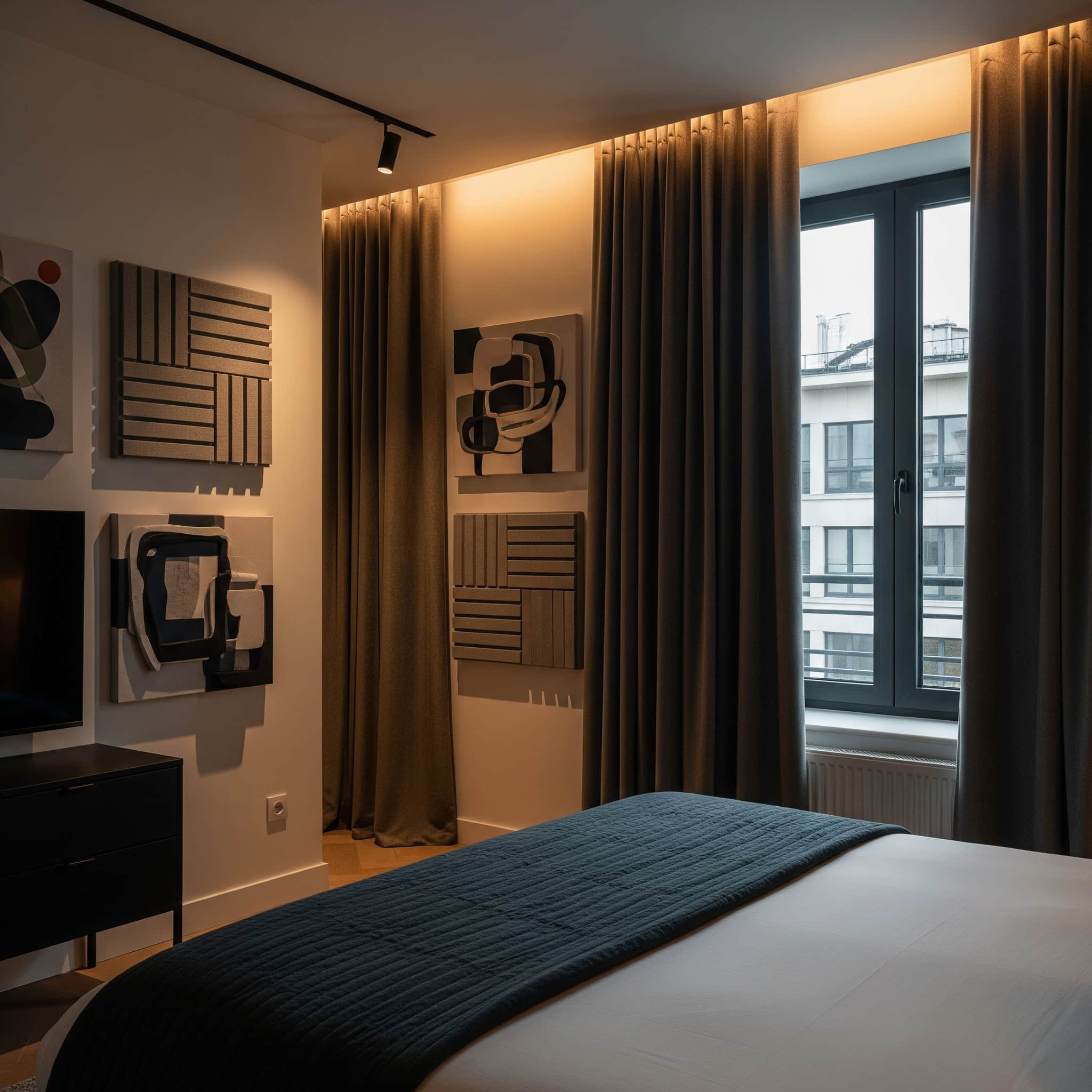 Urban bedroom with acoustic panels disguised as art, heavy curtains, and weatherstripping