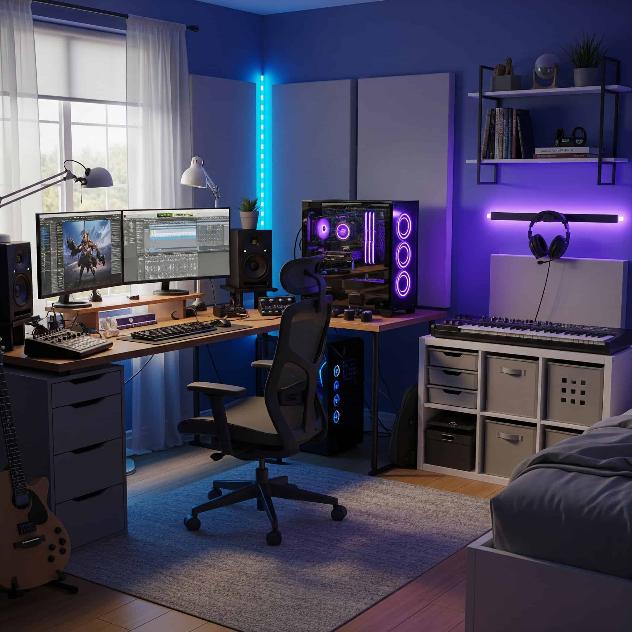 Merge music creation capabilities with gaming in a bedroom setup that serves both creative passions.