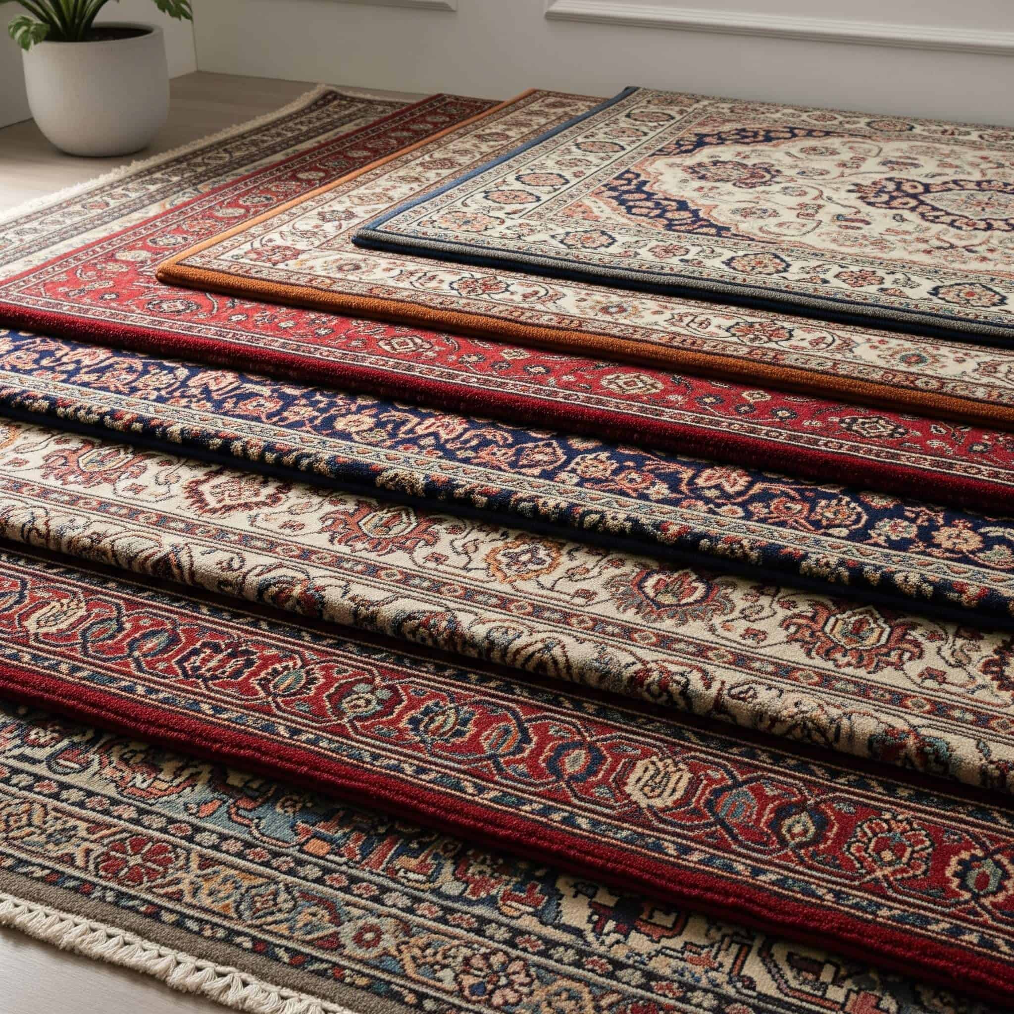  Layered authentic Persian or Turkish rugs in complementary colors and varied sizes.
