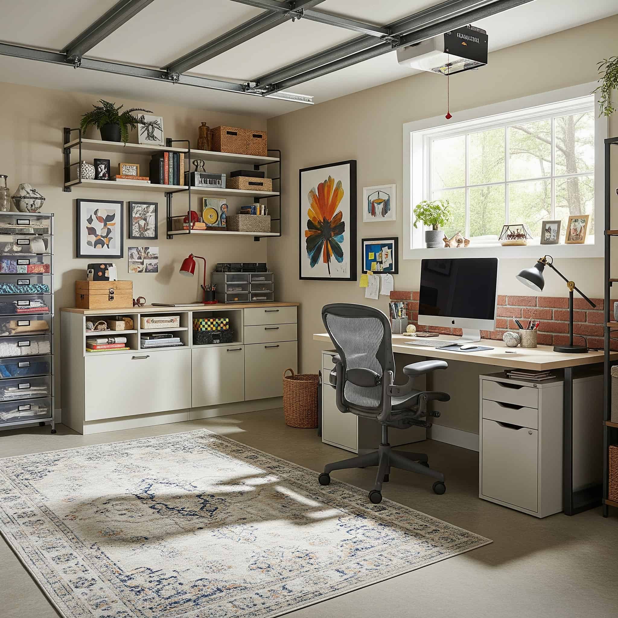 A well-organized garage office conversion blending functionality and style