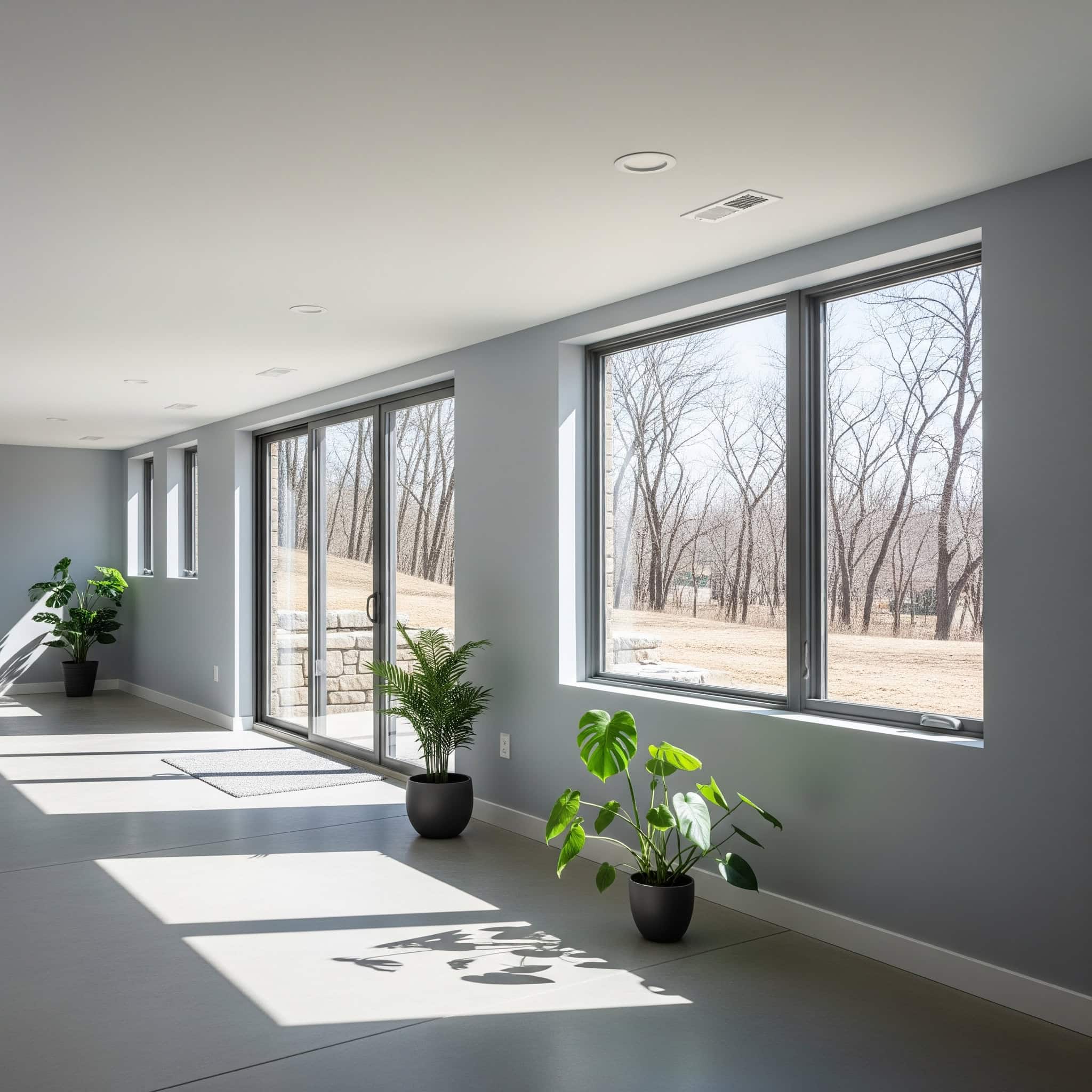 Wide-angle shot of a basement transformed by enlarged window openings