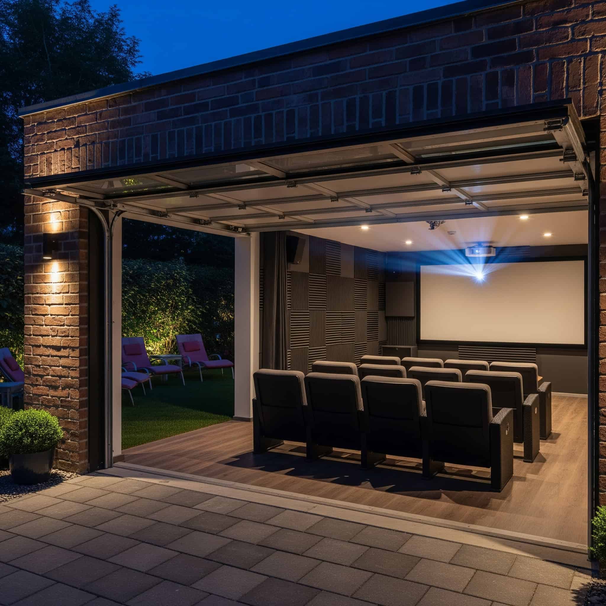 Outdoor-indoor hybrid theater in a garage.