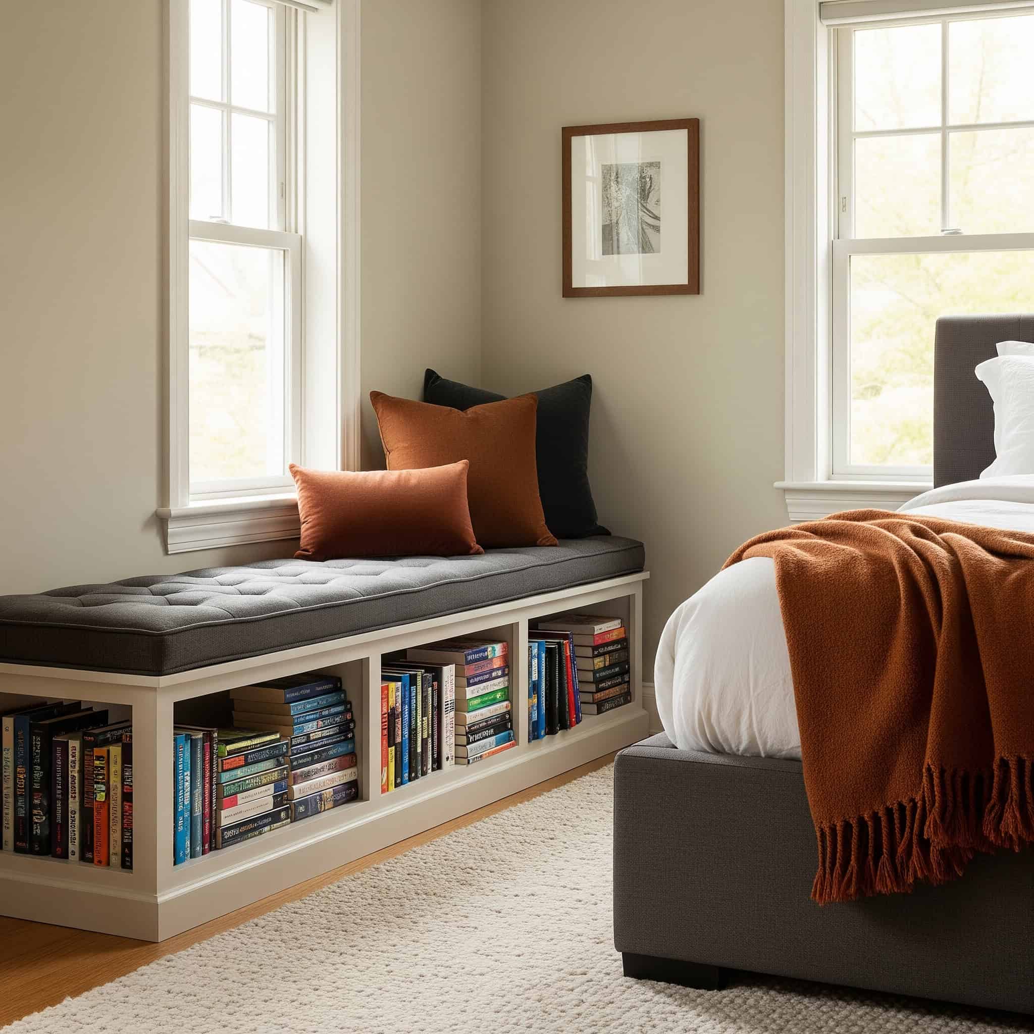 A cozy bedroom with a custom-built, upholstered bench with built-in book storage, illuminated by soft, natural light.