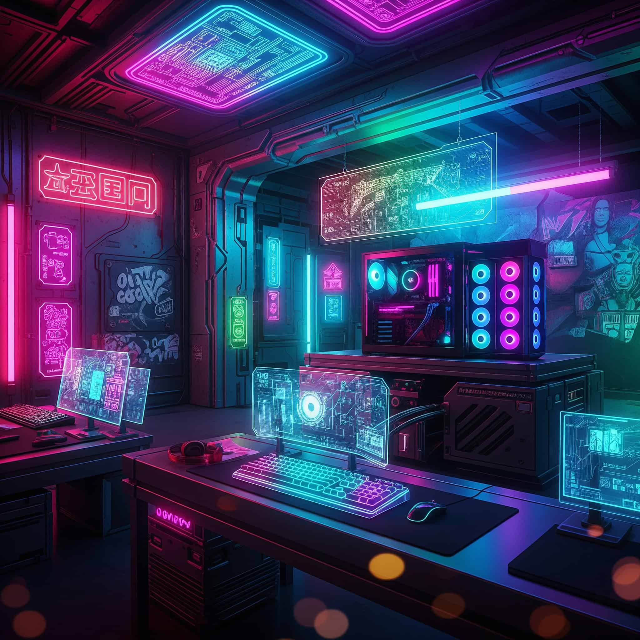 Design a futuristic gaming environment with extensive RGB lighting, neon accents, and cyberpunk-inspired decorations.
