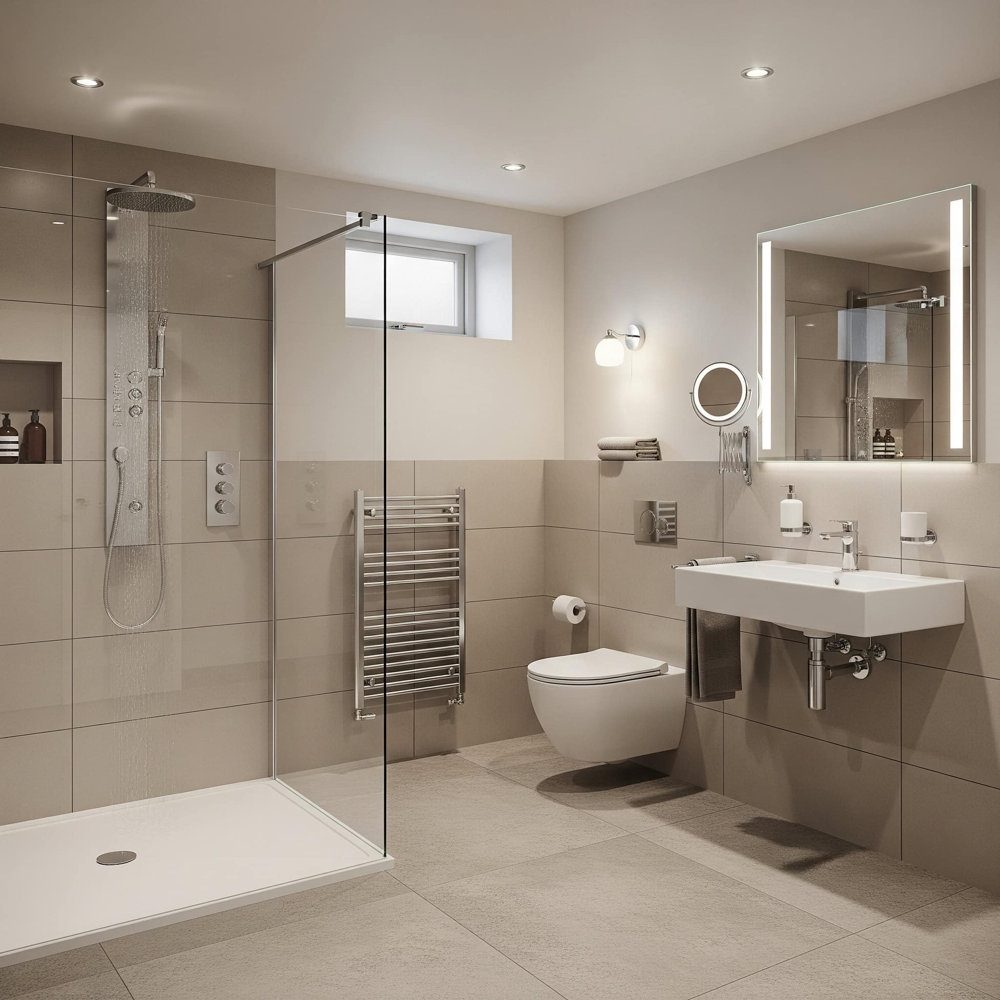 Wet room design in a basement bathroom.