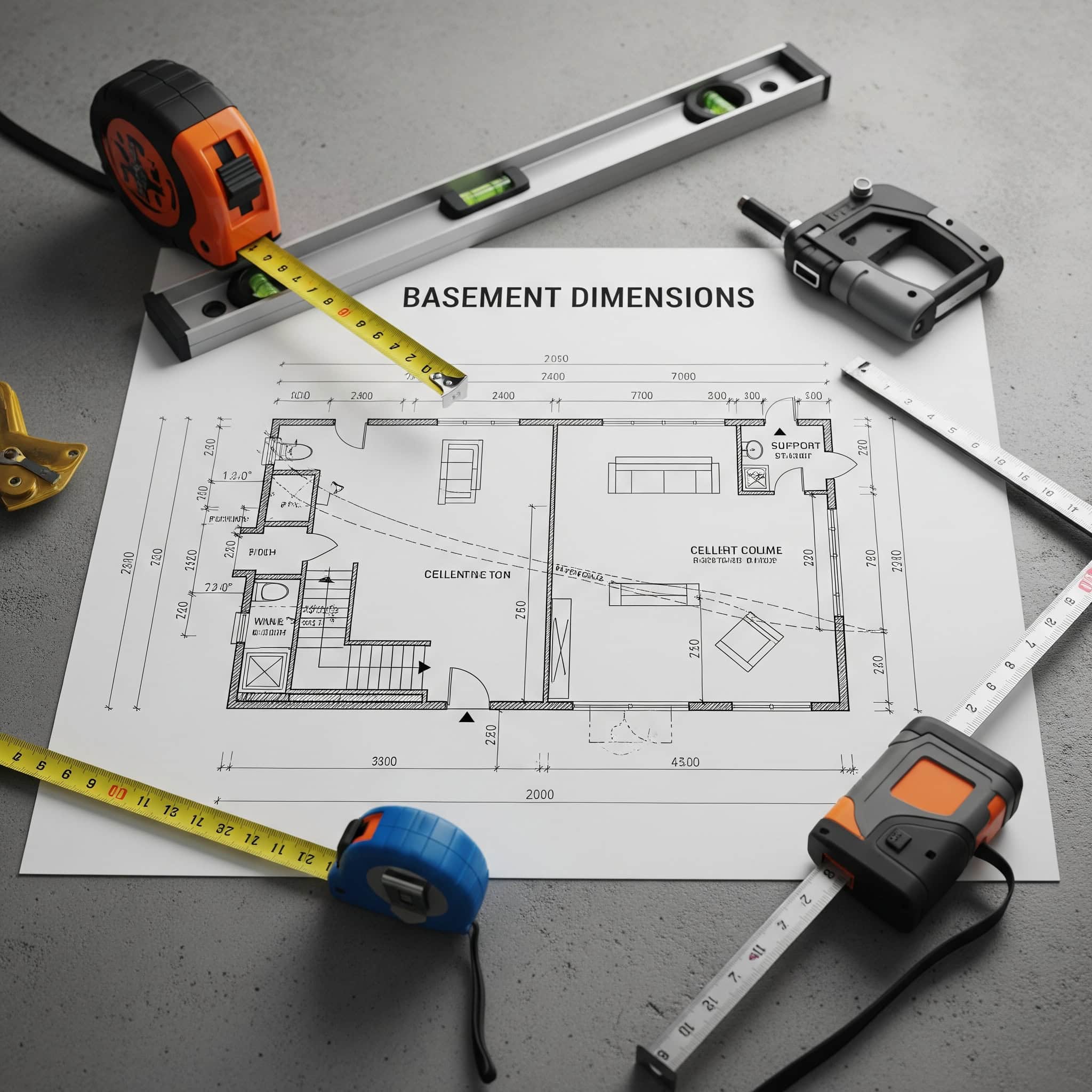  A detailed, professional illustration of basement dimensions, depicted with various measuring tools laid across the concrete floor