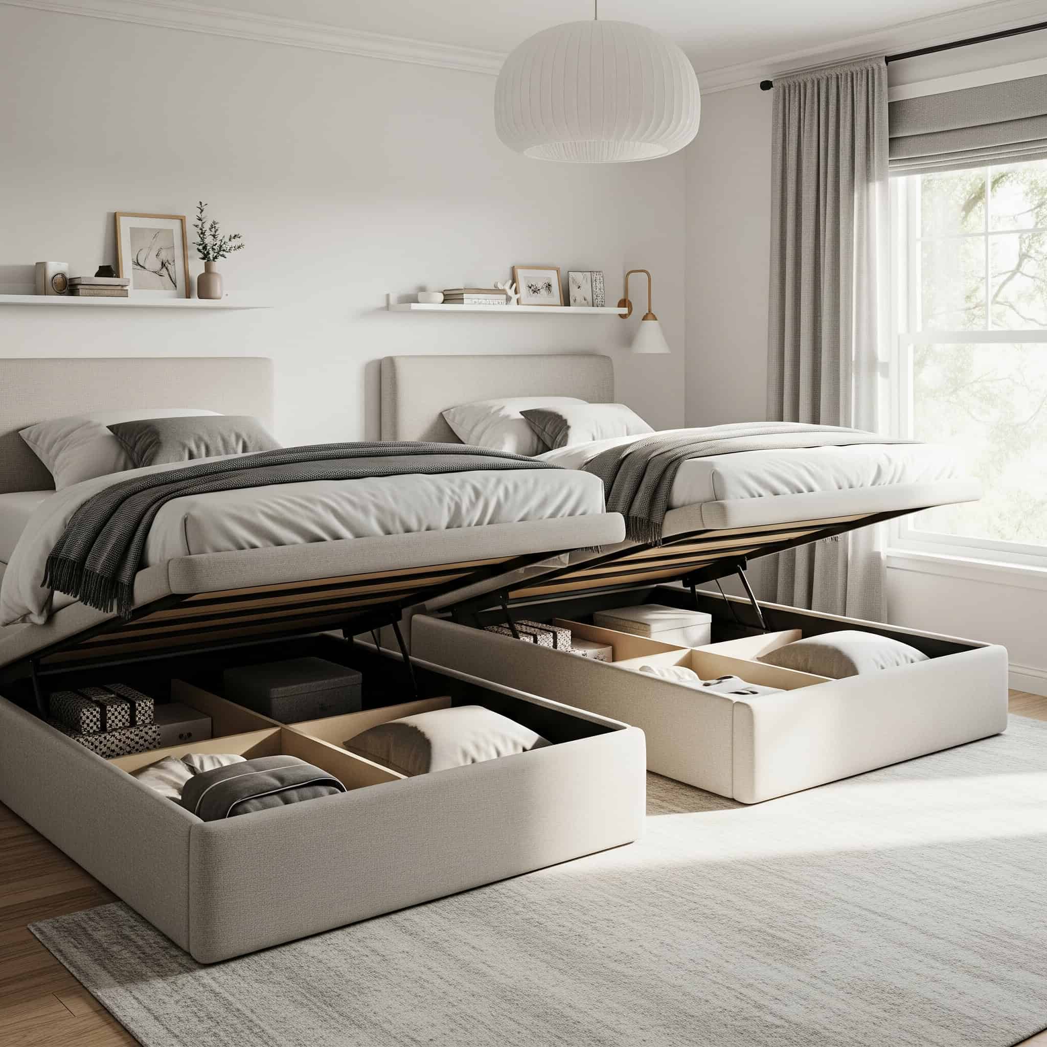 Shared bedroom with ottoman beds and hidden storage