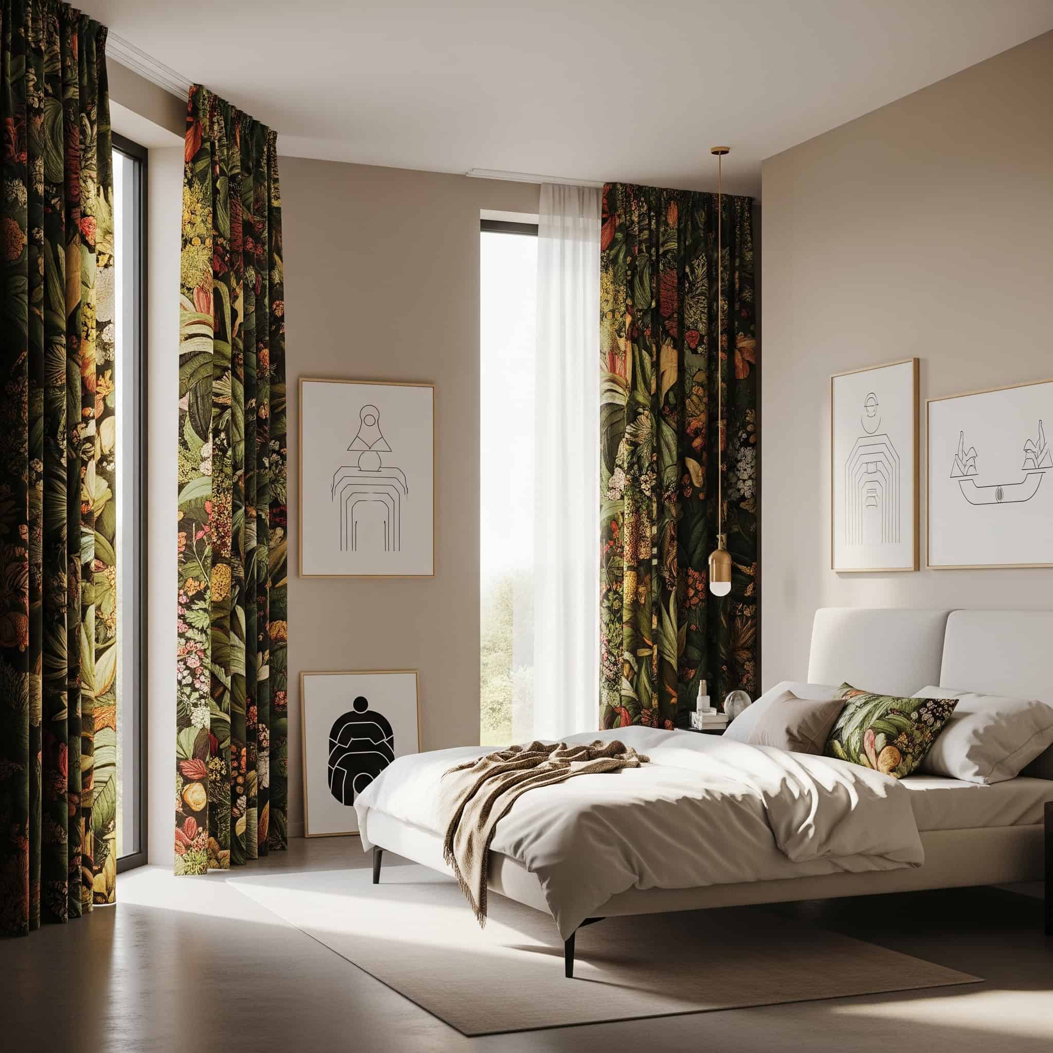 A modern 2025 bedroom with botanical print curtains