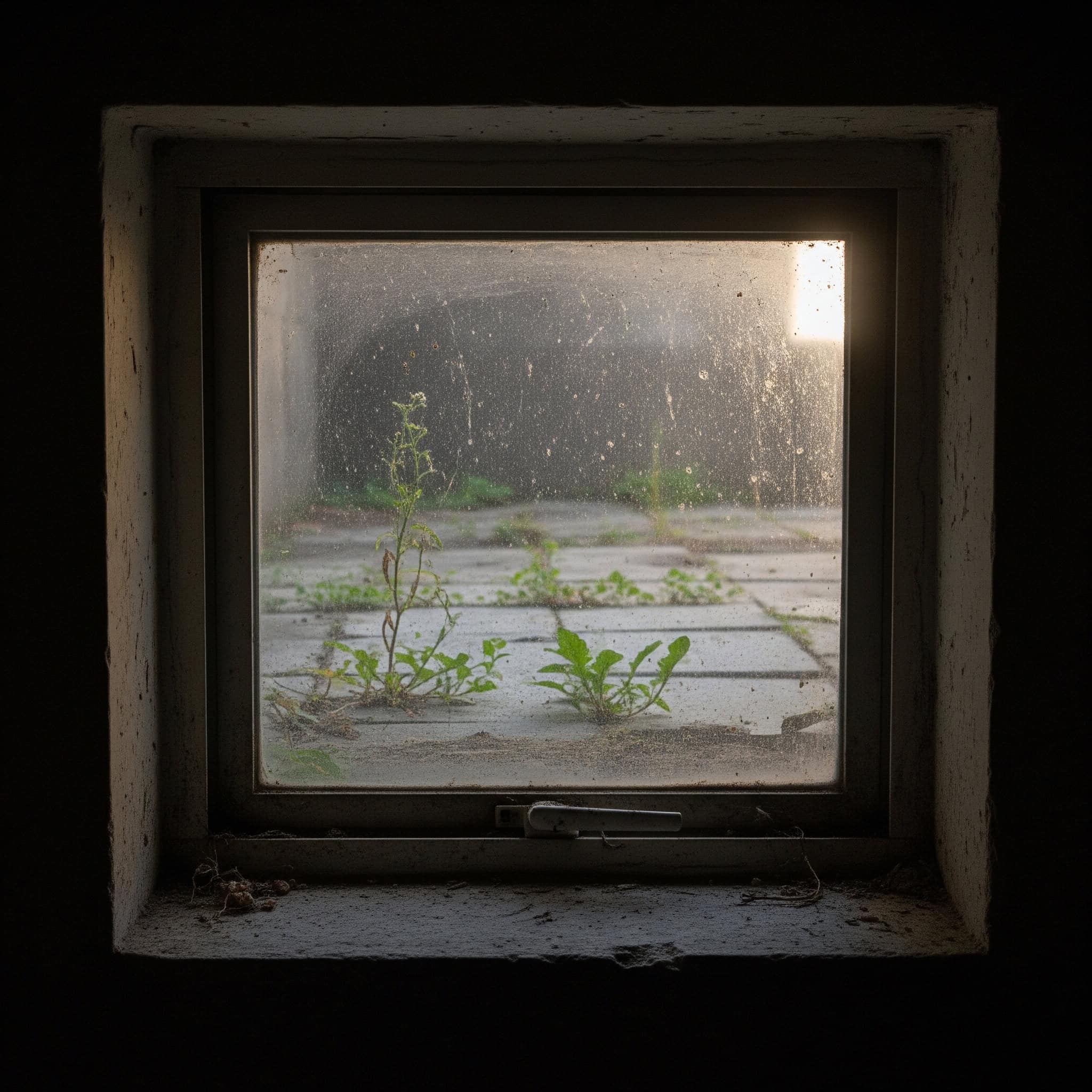 Small, grimy basement window.