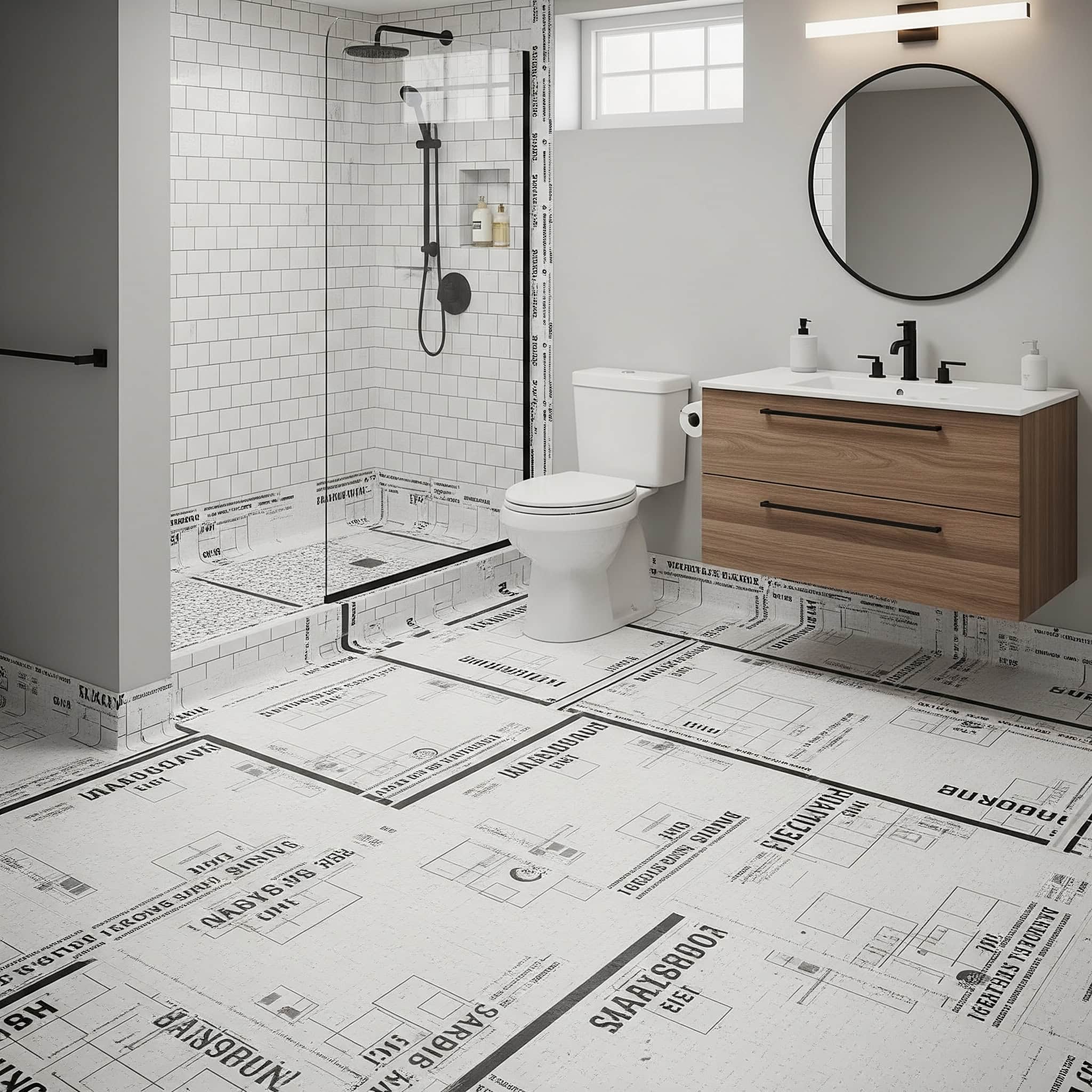 Waterproof membrane systems in a basement bathroom.