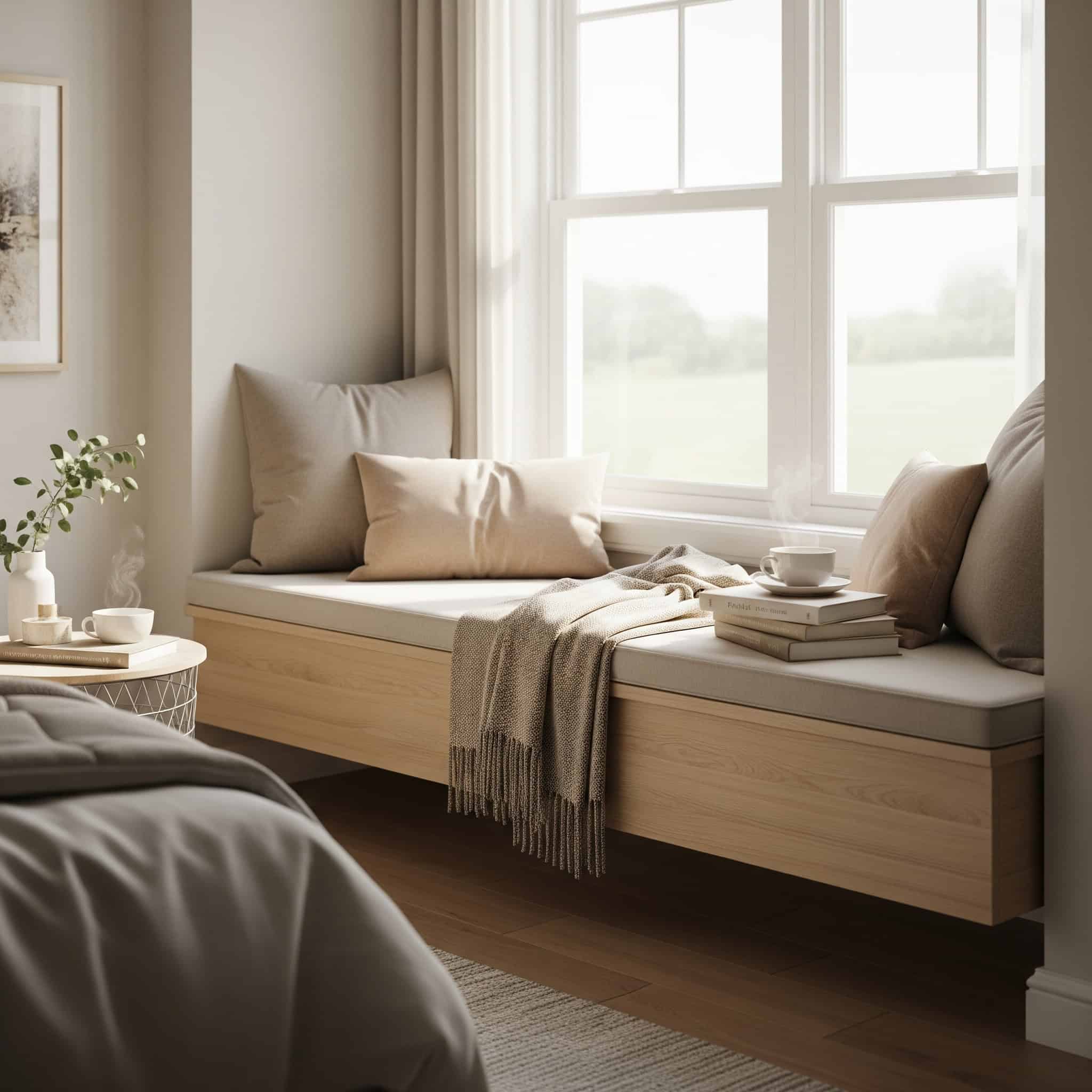 Floating window bench in a bedroom reading nook.
