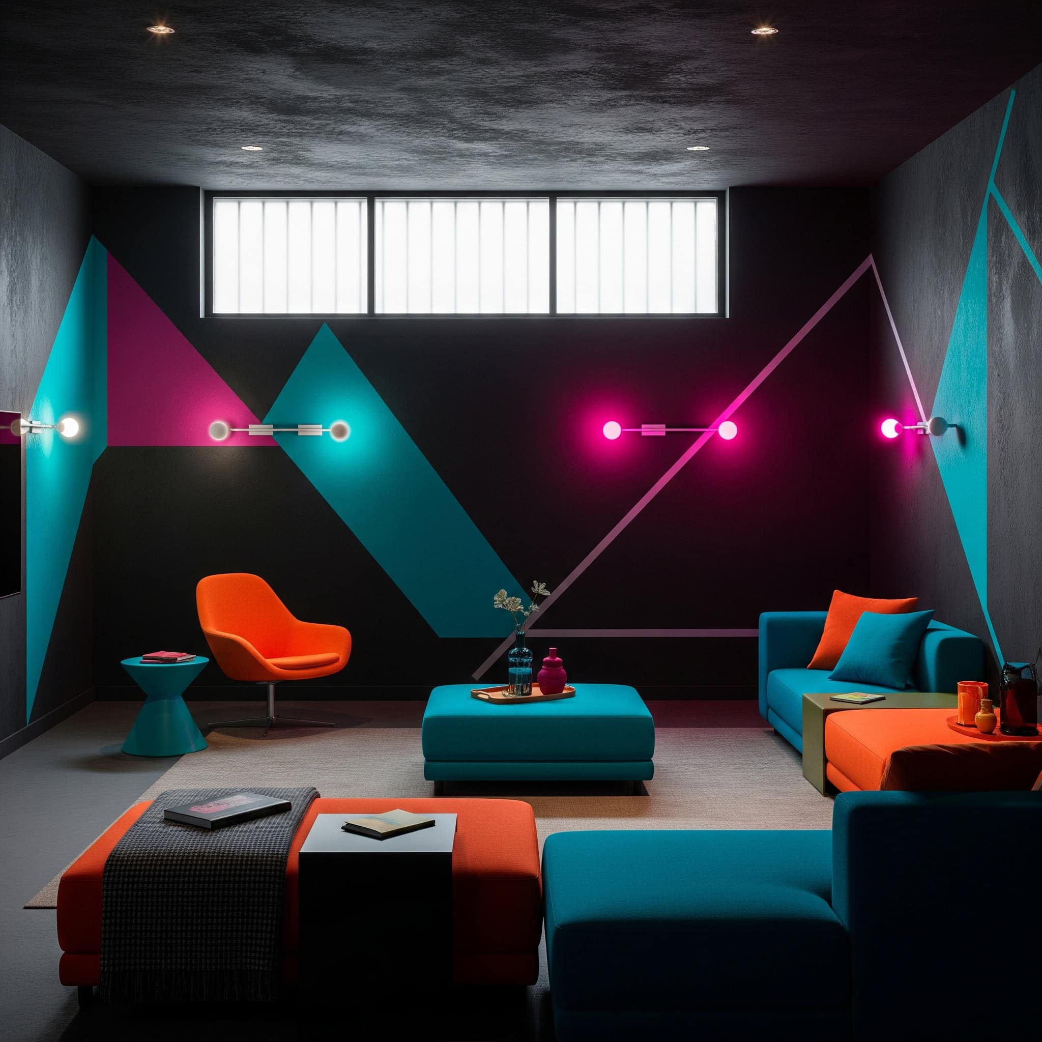 A modern 2025 basement with painted concrete walls