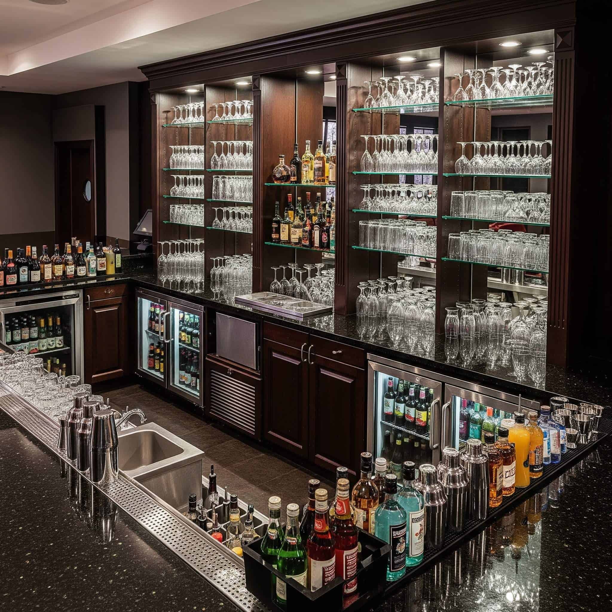 Design an adult entertainment space with bar construction, beverage storage, glassware organization, and serving areas.