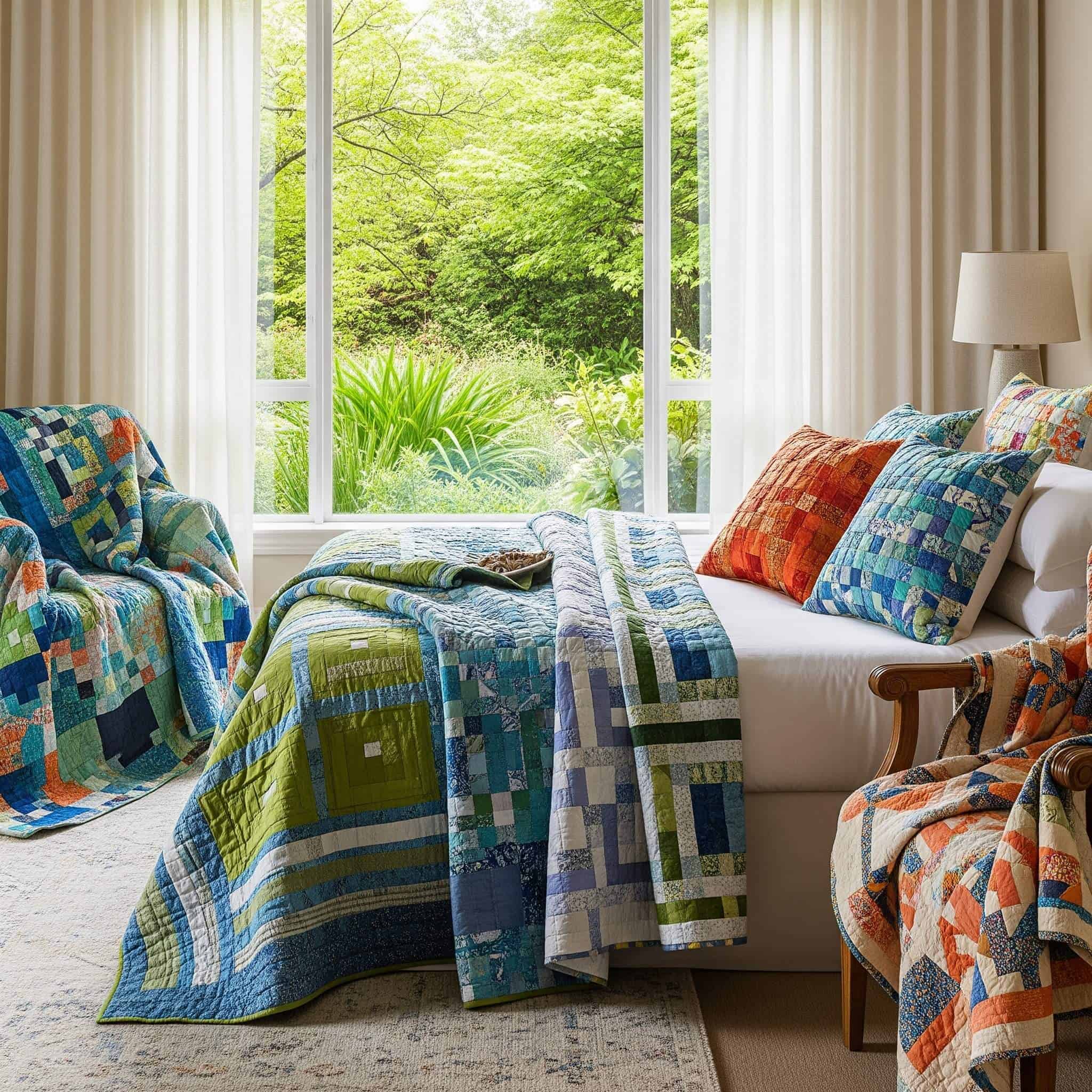 Cozy bedroom with colorful window quilts