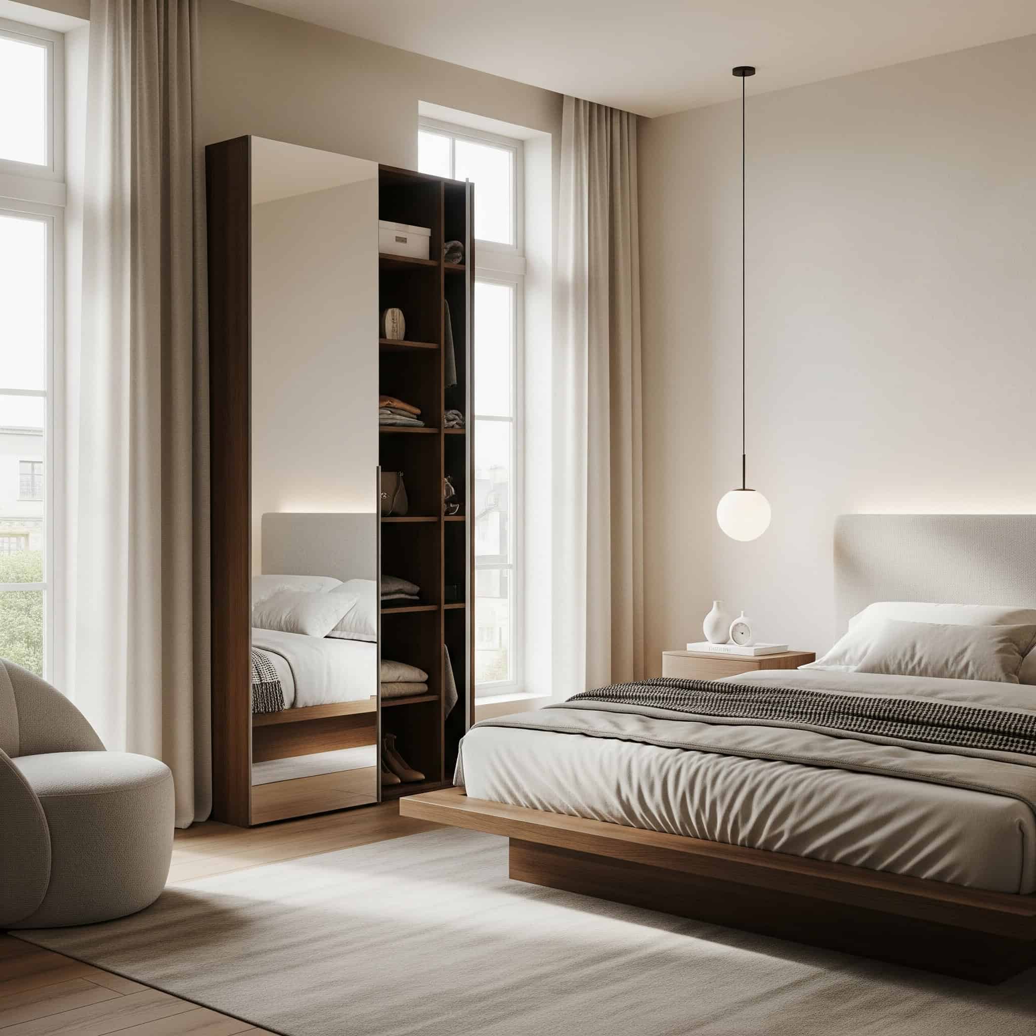 Bedroom with a mirror with integrated storage
