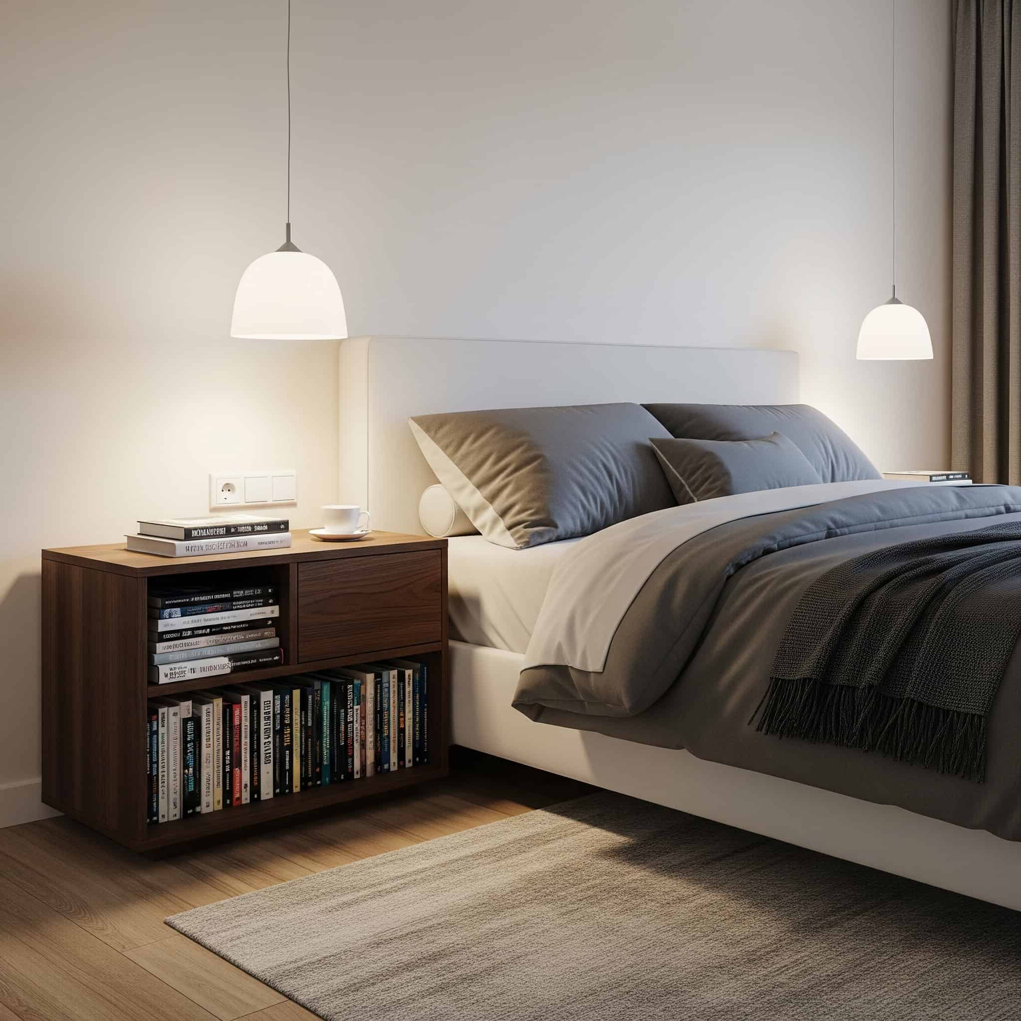 A bedroom featuring a dark wood nightstand with integrated drawers and shelves for book storage, illuminated by soft ambient lighting.