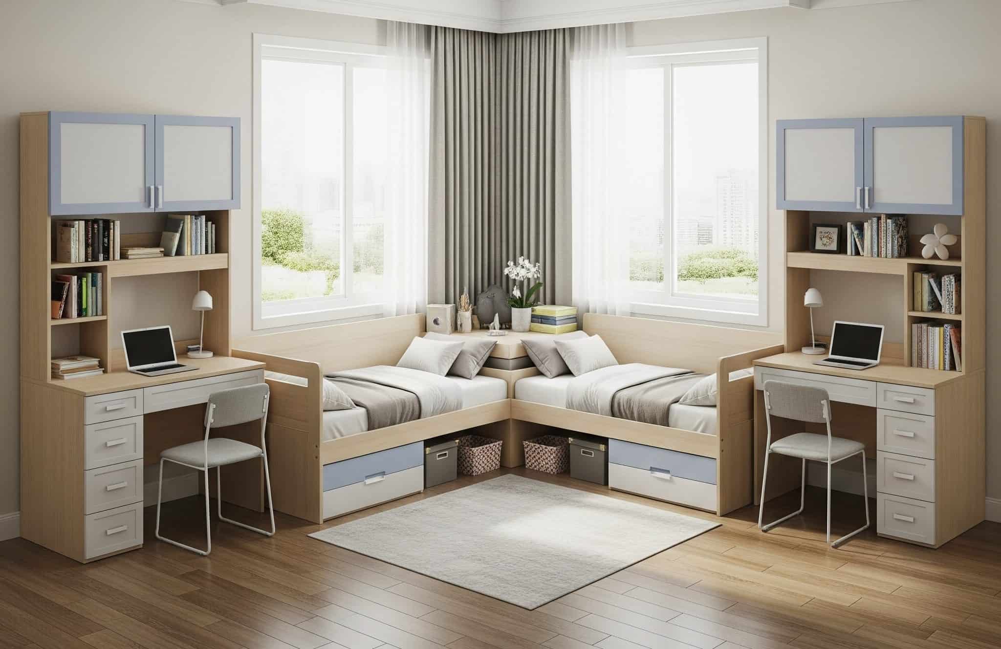  L-shaped bed configuration in shared bedroom.
