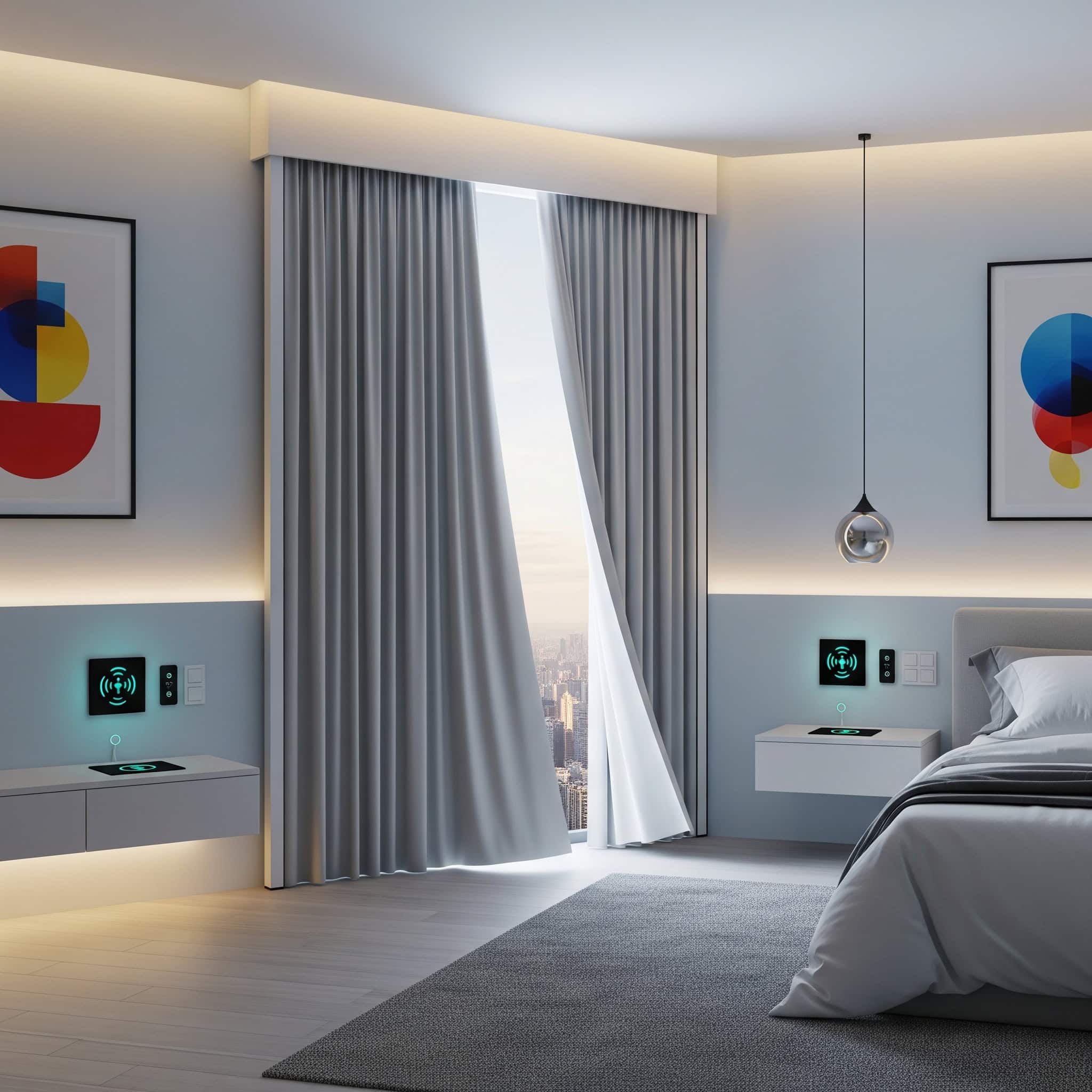 A modern 2025 bedroom featuring smart automated curtains.