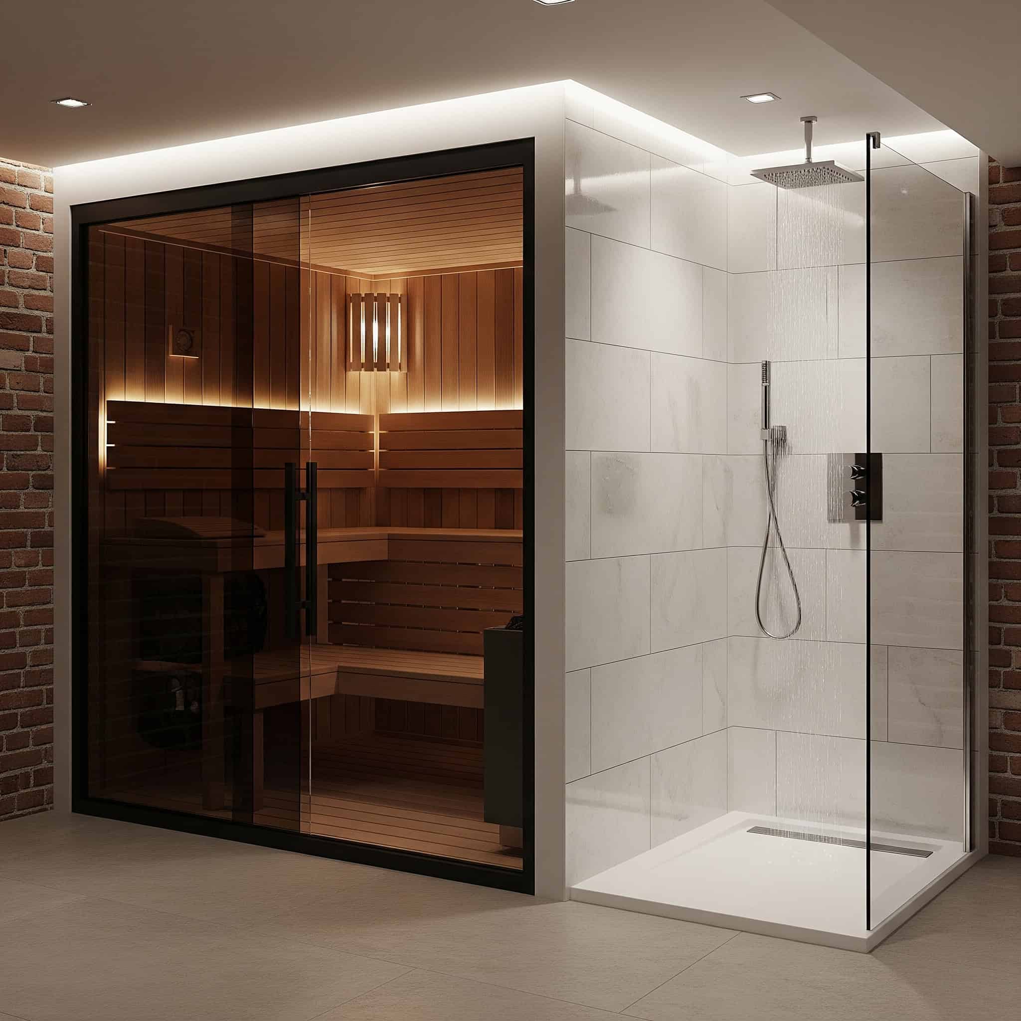 Convertible sauna/shower combo in a basement