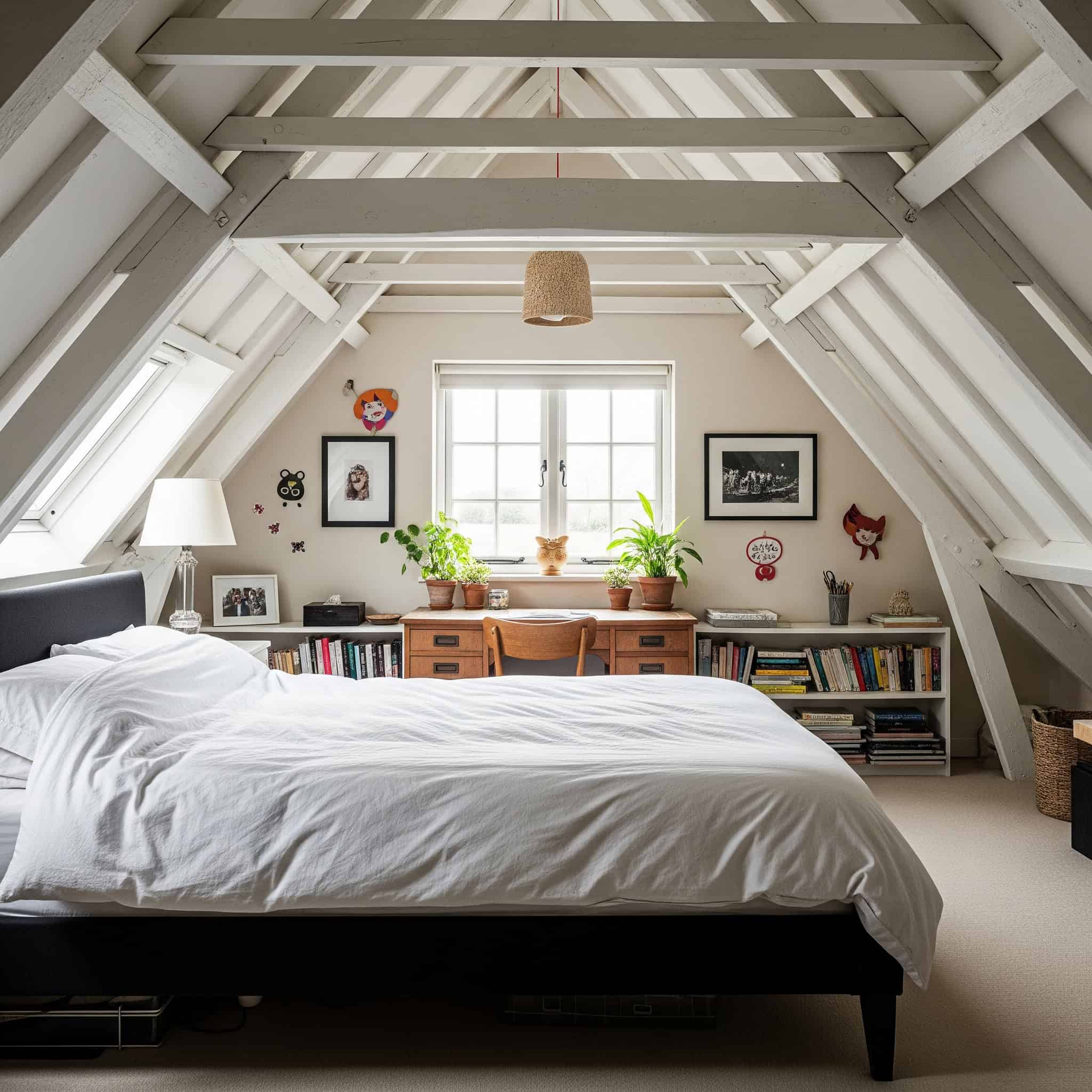 Exposed beams in an attic bedroom.